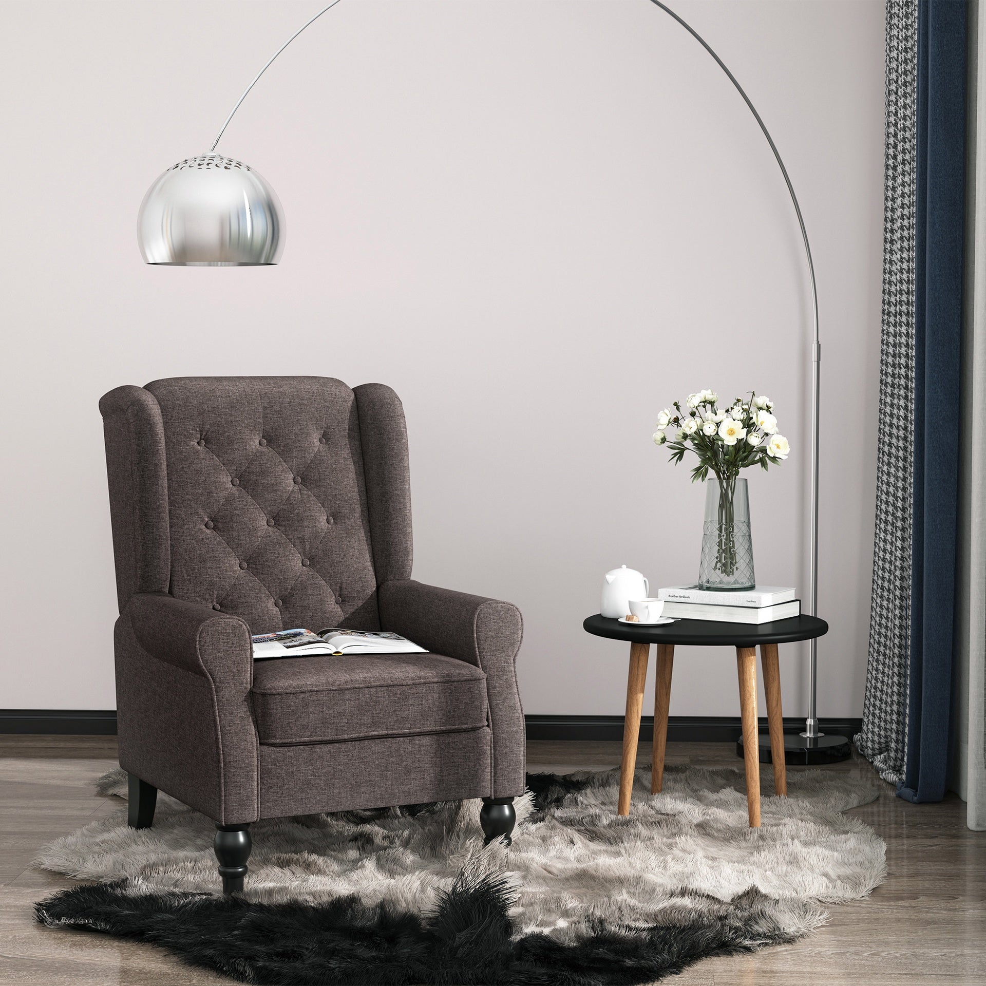 HOMCOM Wingback Accent Chair for Living Room, Button-Tufted Lounge Chair with Round Armrests and Wood Legs, Dark Brown