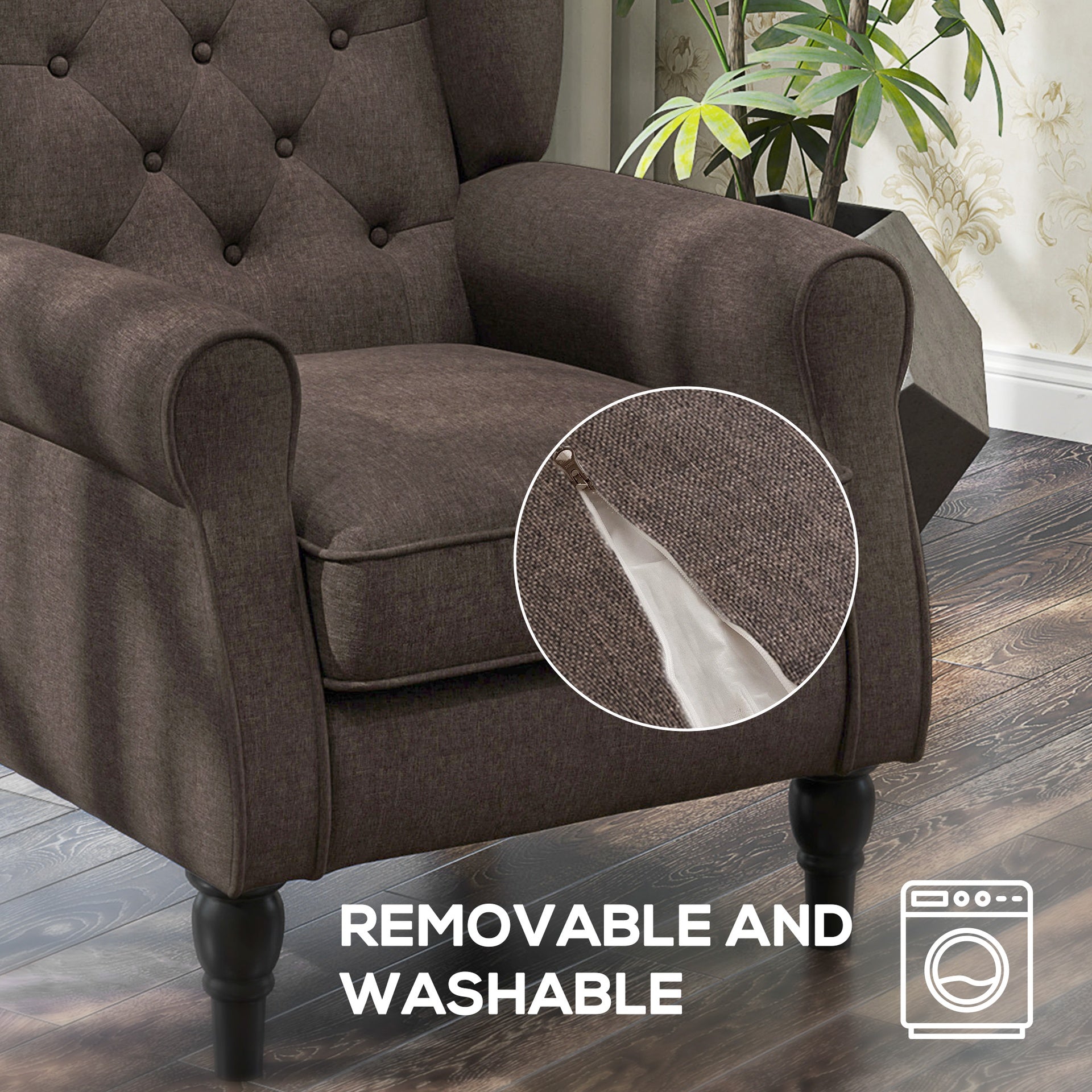 HOMCOM Wingback Accent Chair for Living Room, Button-Tufted Lounge Chair with Round Armrests and Wood Legs, Dark Brown