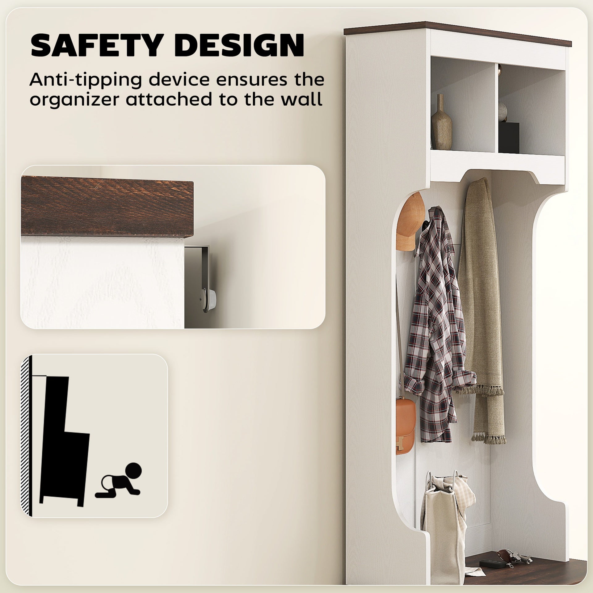 HOMCOM 3-in-1 Hall Tree with Shoe Storage, Coat Rack with Bench, Entryway Furniture with Five Hooks, White Wood Grain