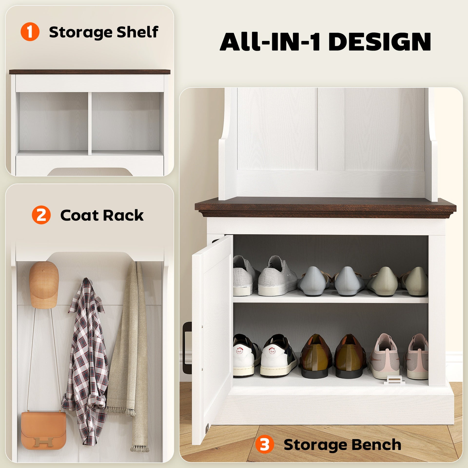 HOMCOM 3-in-1 Hall Tree with Shoe Storage, Coat Rack with Bench, Entryway Furniture with Five Hooks, White Wood Grain
