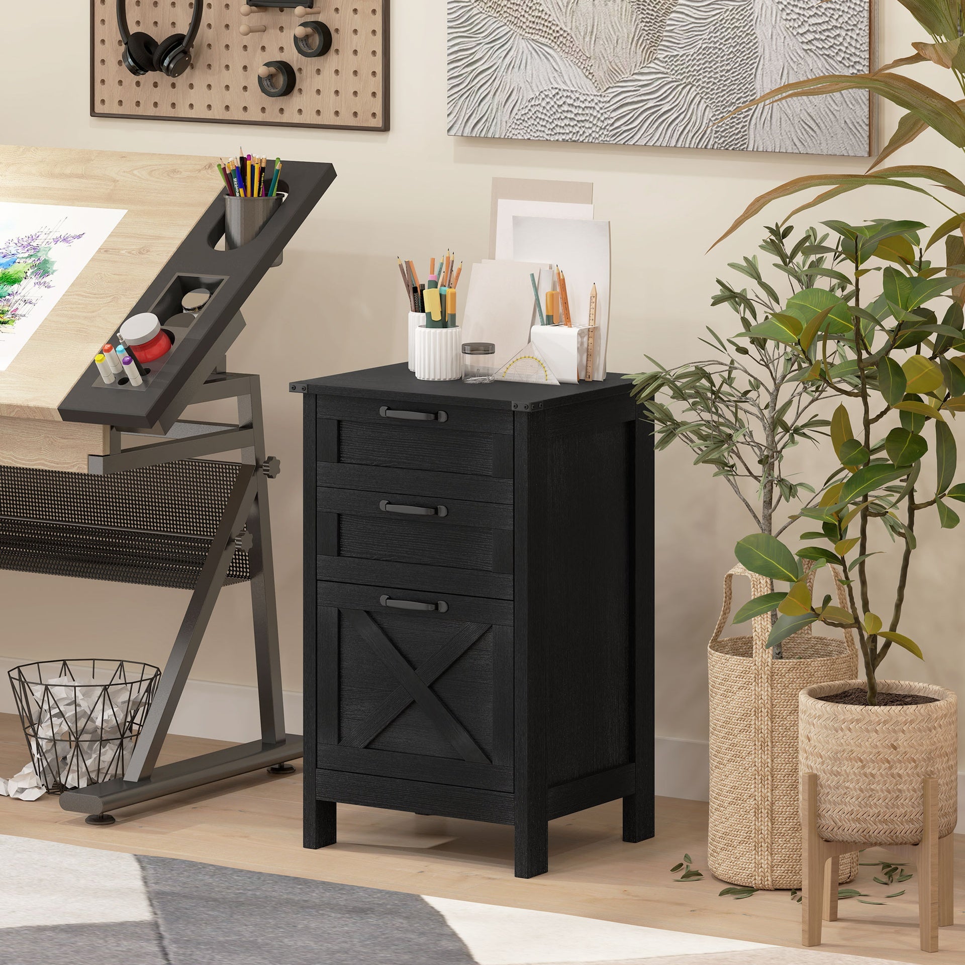 HOMCOM Vertical File Cabinet with 3 Drawers, Rustic Farmhouse Office Storage Cabinet for A4, Letter Size, Distressed Black