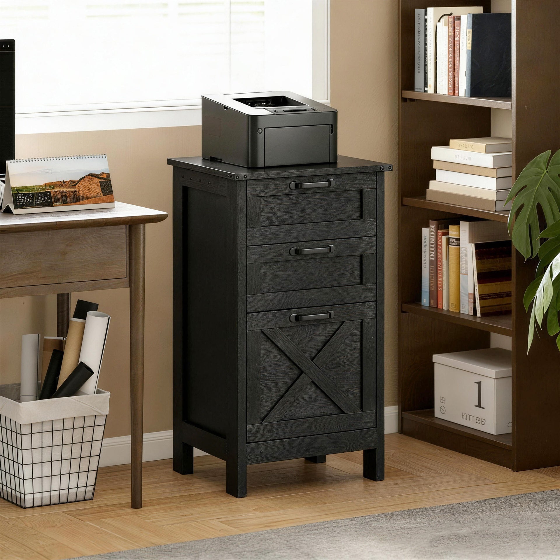 HOMCOM Vertical File Cabinet with 3 Drawers, Rustic Farmhouse Office Storage Cabinet for A4, Letter Size, Distressed Black