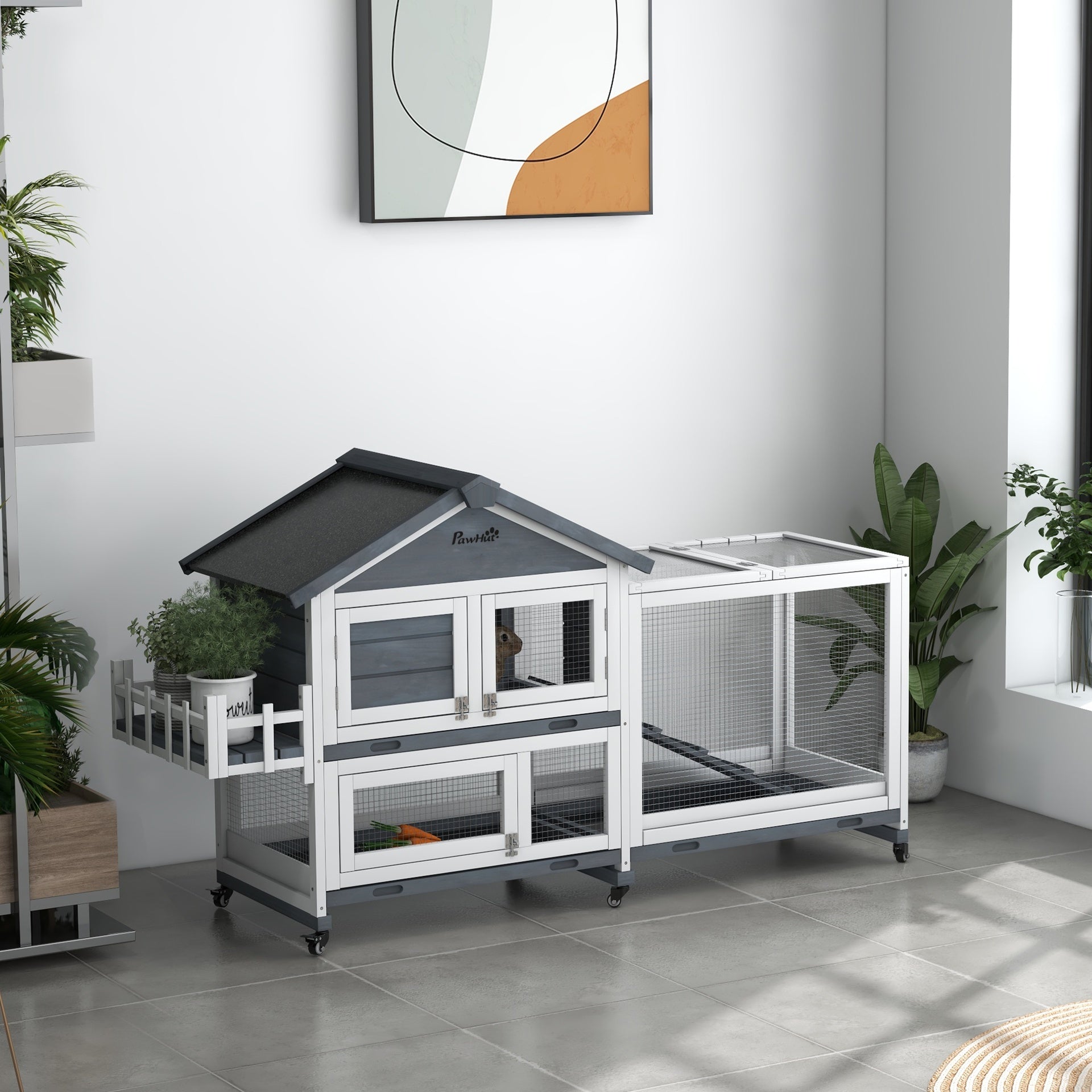 PawHut 65" Wooden Rabbit Hutch, Pet Playpen with Openable Roof & Storage Box for Rabbits and Small Animals, Gray