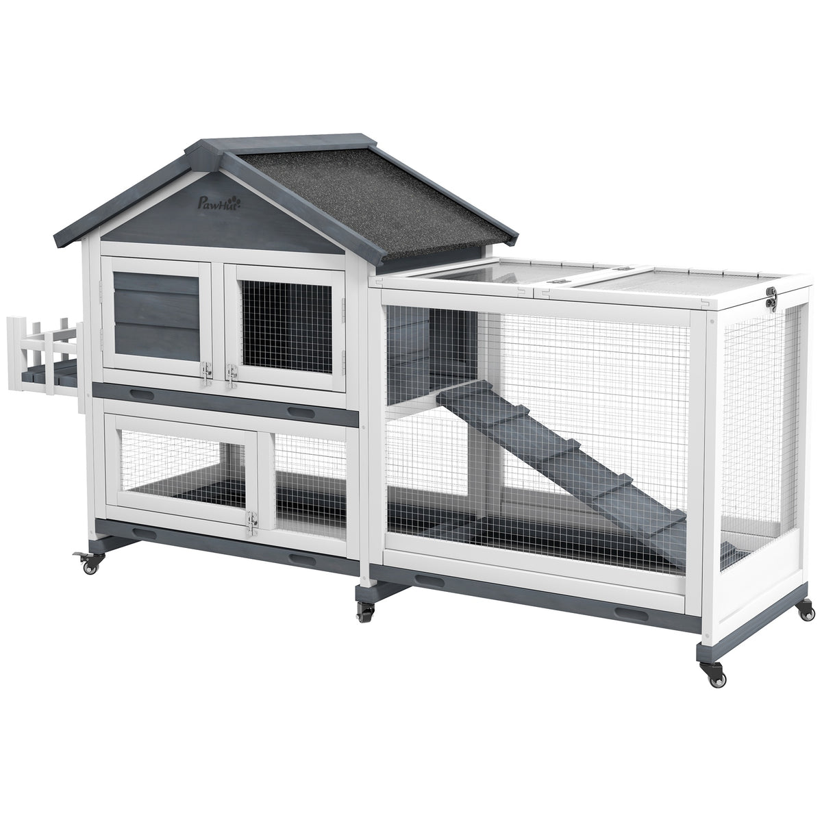 PawHut 65" Wooden Rabbit Hutch, Pet Playpen with Openable Roof & Storage Box for Rabbits and Small Animals, Gray