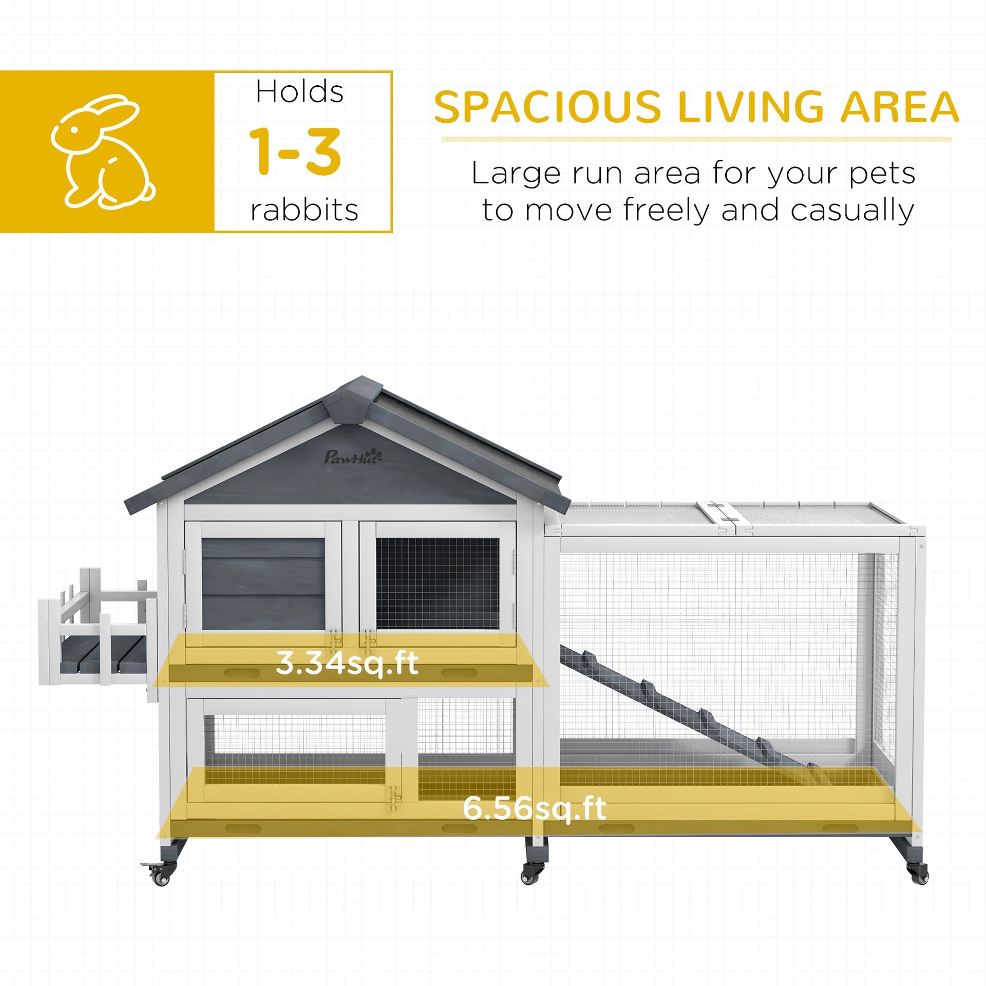 PawHut 65" Wooden Rabbit Hutch, Pet Playpen with Openable Roof & Storage Box for Rabbits and Small Animals, Gray