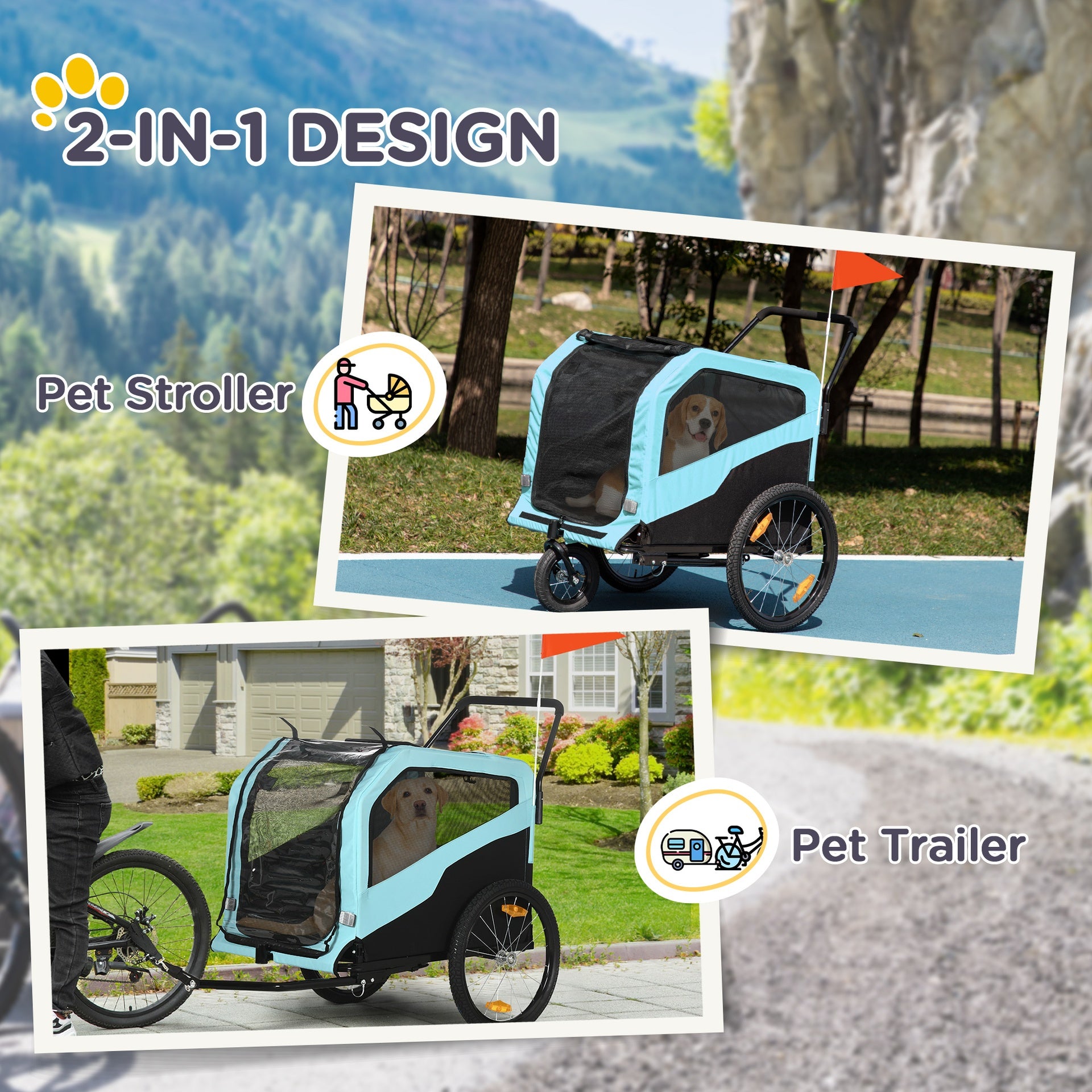 Aosom 2-in-1 Dog Bike Trailer Pet Stroller Carrier for Large Dogs with Hitch, Quick-release Wheels, Foot Support, Pet Bicycle Cart Wagon Cargo for Travel, Blue