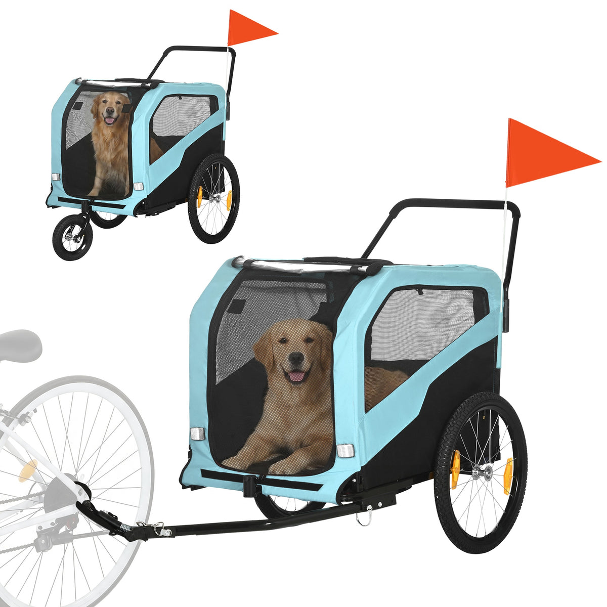Aosom 2-in-1 Dog Bike Trailer Pet Stroller Carrier for Large Dogs with Hitch, Quick-release Wheels, Foot Support, Pet Bicycle Cart Wagon Cargo for Travel, Blue