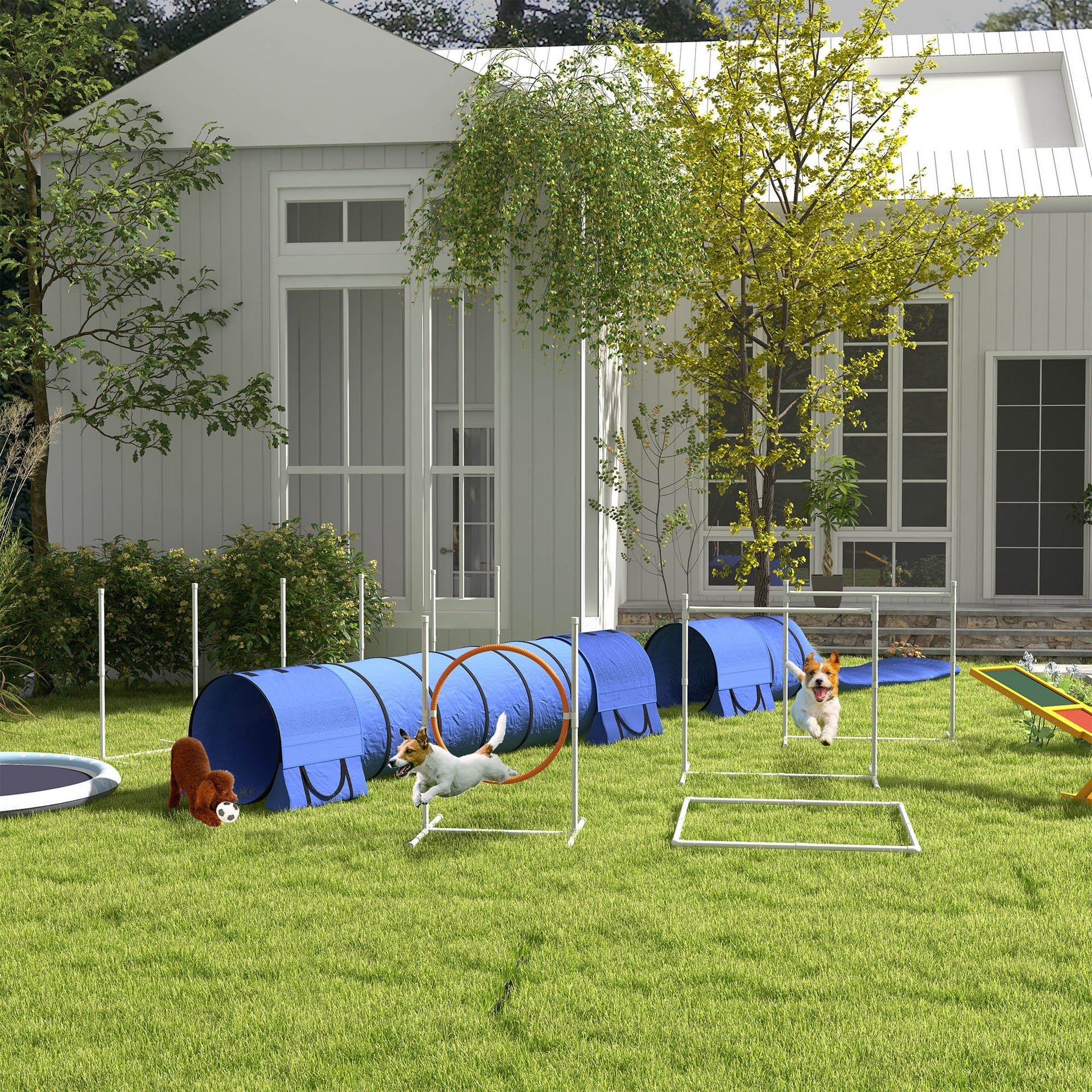 PawHut 7pc Agility Training Equipment for Dogs w/ Tunnels, Weave Poles Adjustable Hurdle, Jumping Ring, Pause Box, Blue