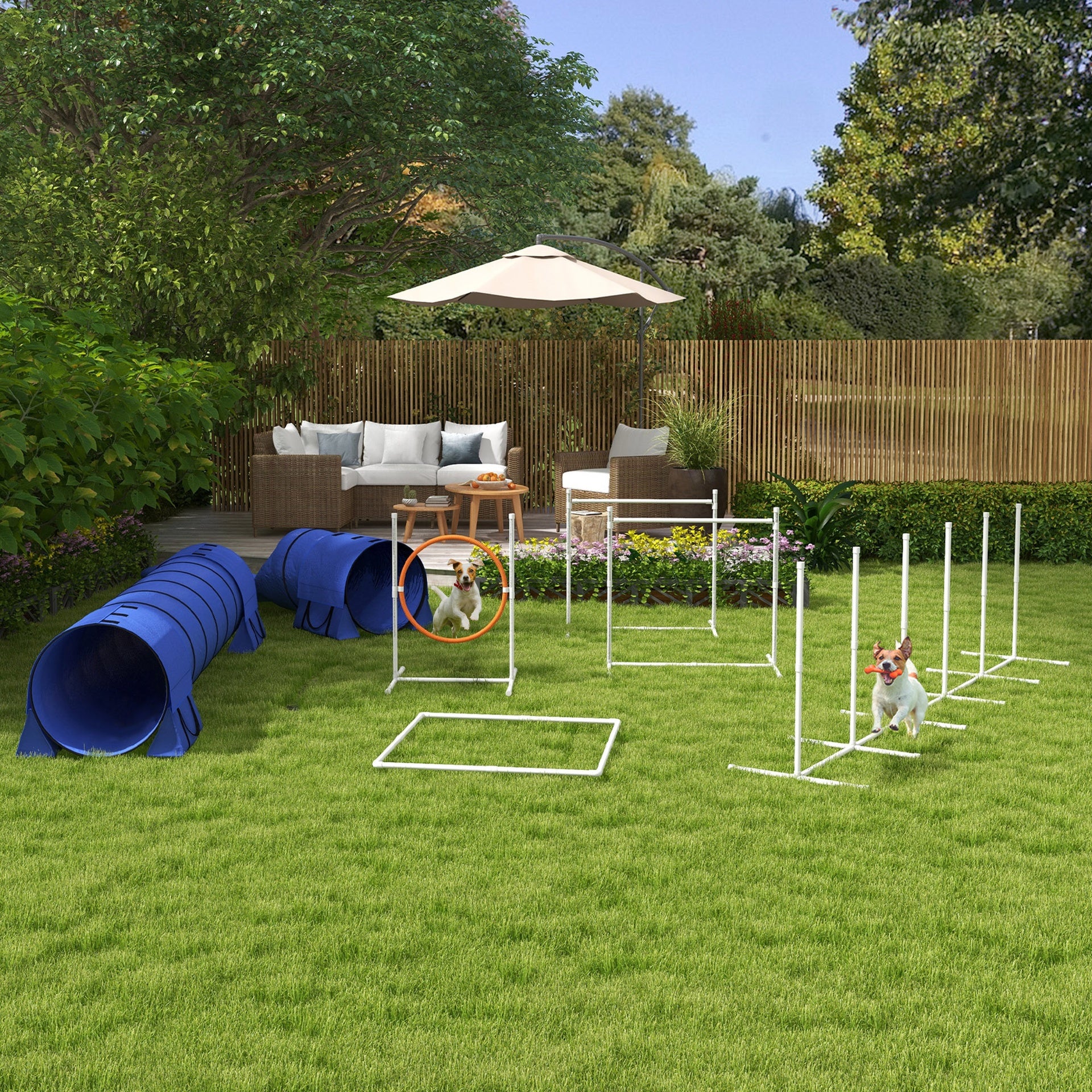 PawHut 7pc Agility Training Equipment for Dogs w/ Tunnels, Weave Poles Adjustable Hurdle, Jumping Ring, Pause Box, Blue