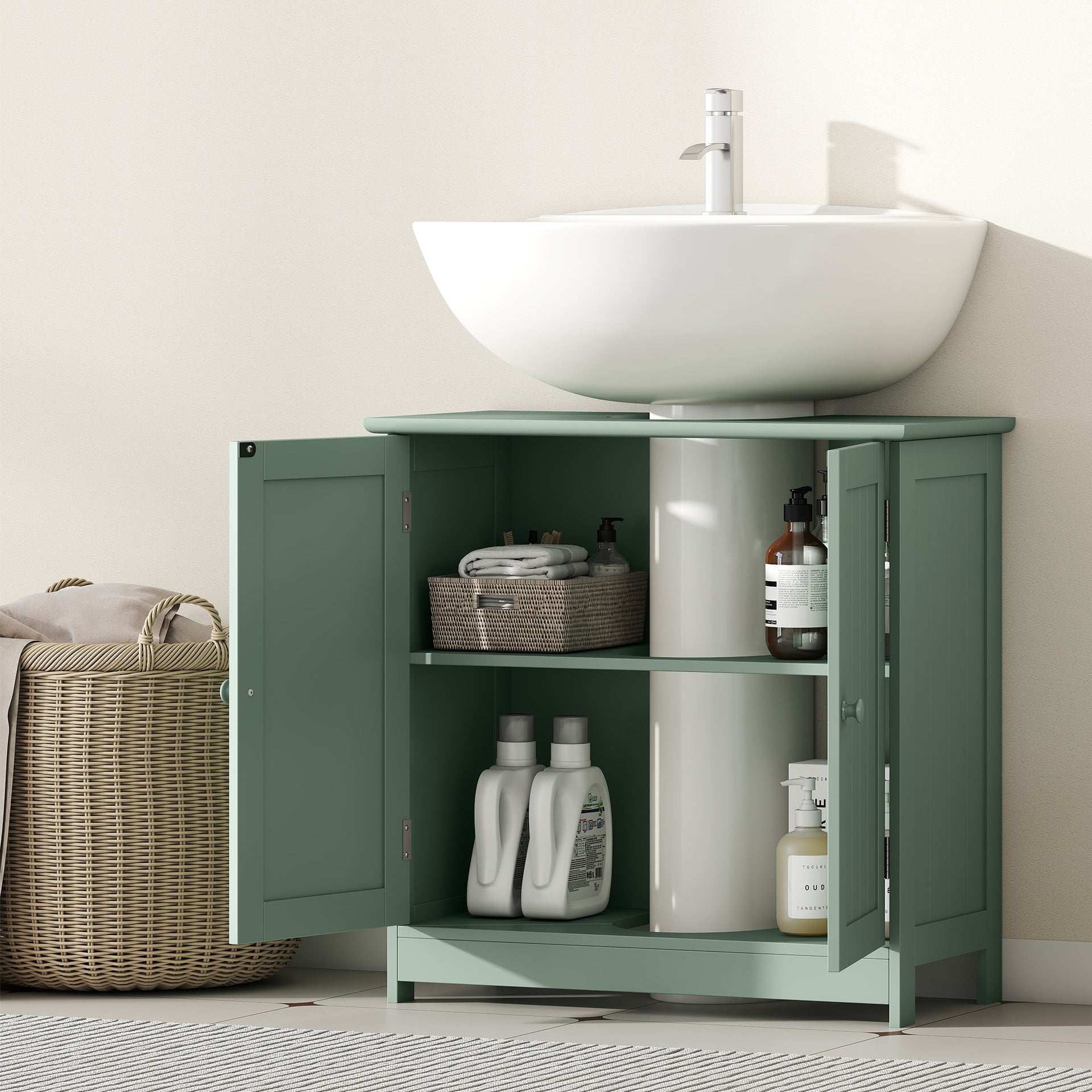 HOMCOM Bathroom Vanity Cabinet, Under Sink Bathroom Cabinet with 2 Doors and Adjustable Shelf, Dark Green