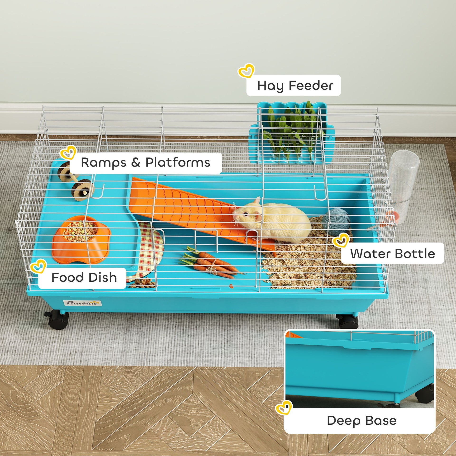 PawHut 35"L Small Animal Cage, Rolling Bunny Cage, Guinea Pig Cage with Wheels, Food Dish, Water Bottle, Hay Feeder, Blue