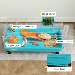 PawHut 35"L Small Animal Cage, Rolling Bunny Cage, Guinea Pig Cage with Wheels, Food Dish, Water Bottle, Hay Feeder, Blue