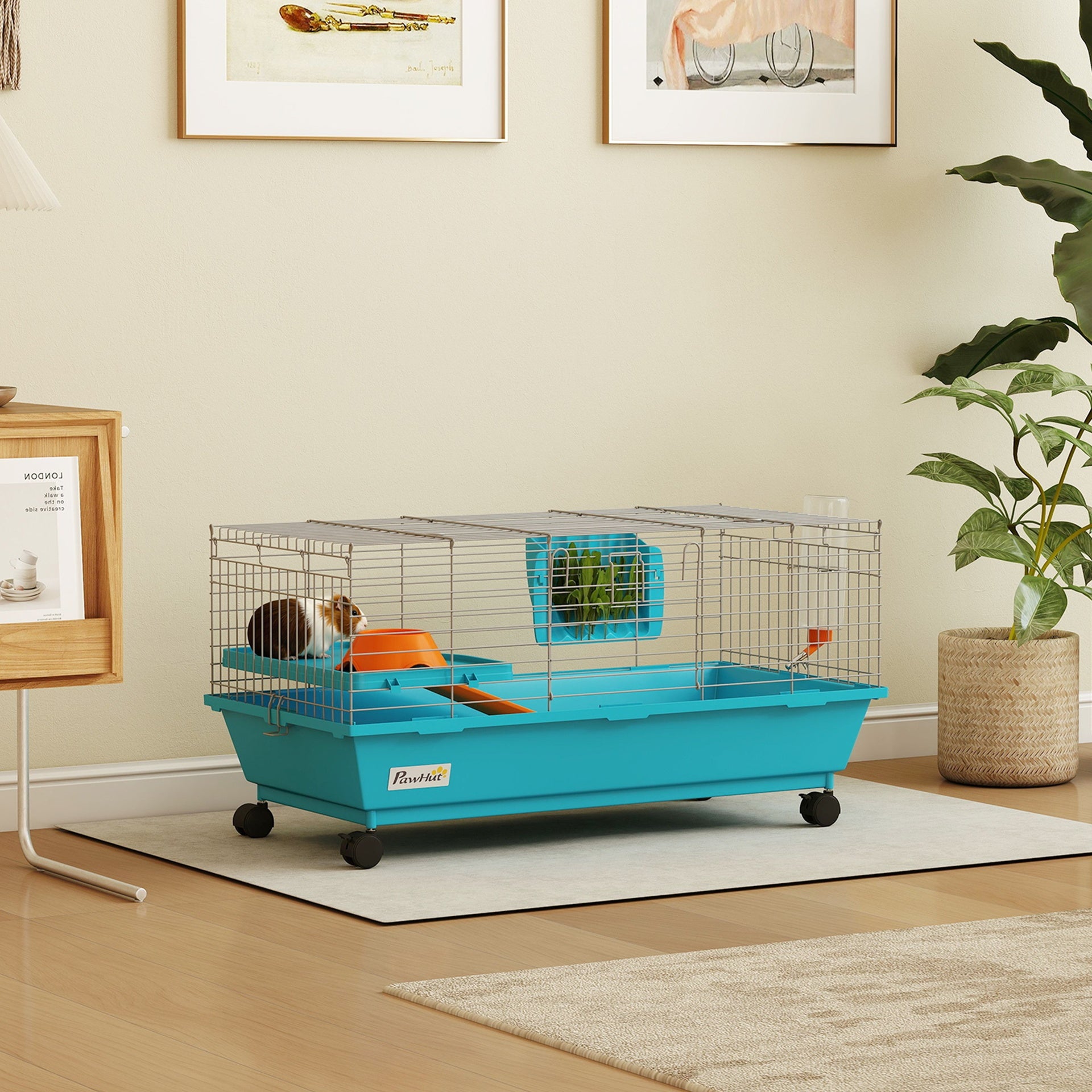 PawHut 35"L Small Animal Cage, Rolling Bunny Cage, Guinea Pig Cage with Wheels, Food Dish, Water Bottle, Hay Feeder, Blue