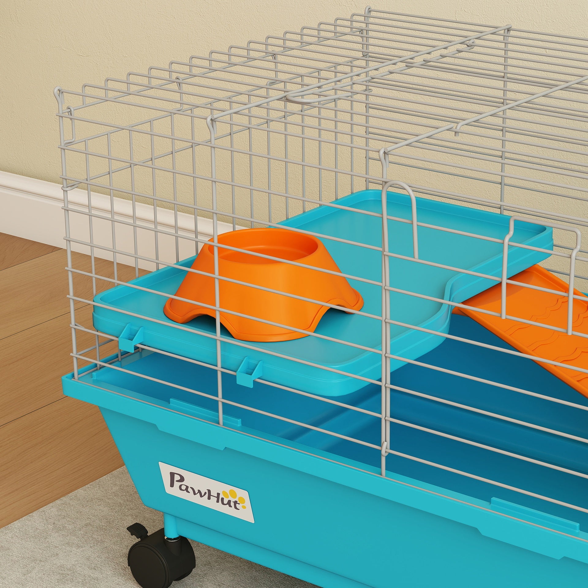 PawHut 35"L Small Animal Cage, Rolling Bunny Cage, Guinea Pig Cage with Wheels, Food Dish, Water Bottle, Hay Feeder, Blue