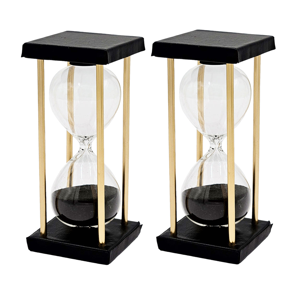 Set of 2, 3x3x7" Stanley 15-minute Hourglass, Framed with an Metal stand, Black