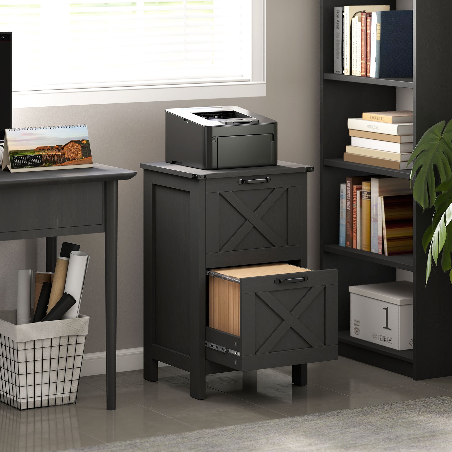 HOMCOM Vertical File Cabinet with 2 Drawers, Rustic Farmhouse Office Storage Cabinet for A4, Letter Size, Distressed Black