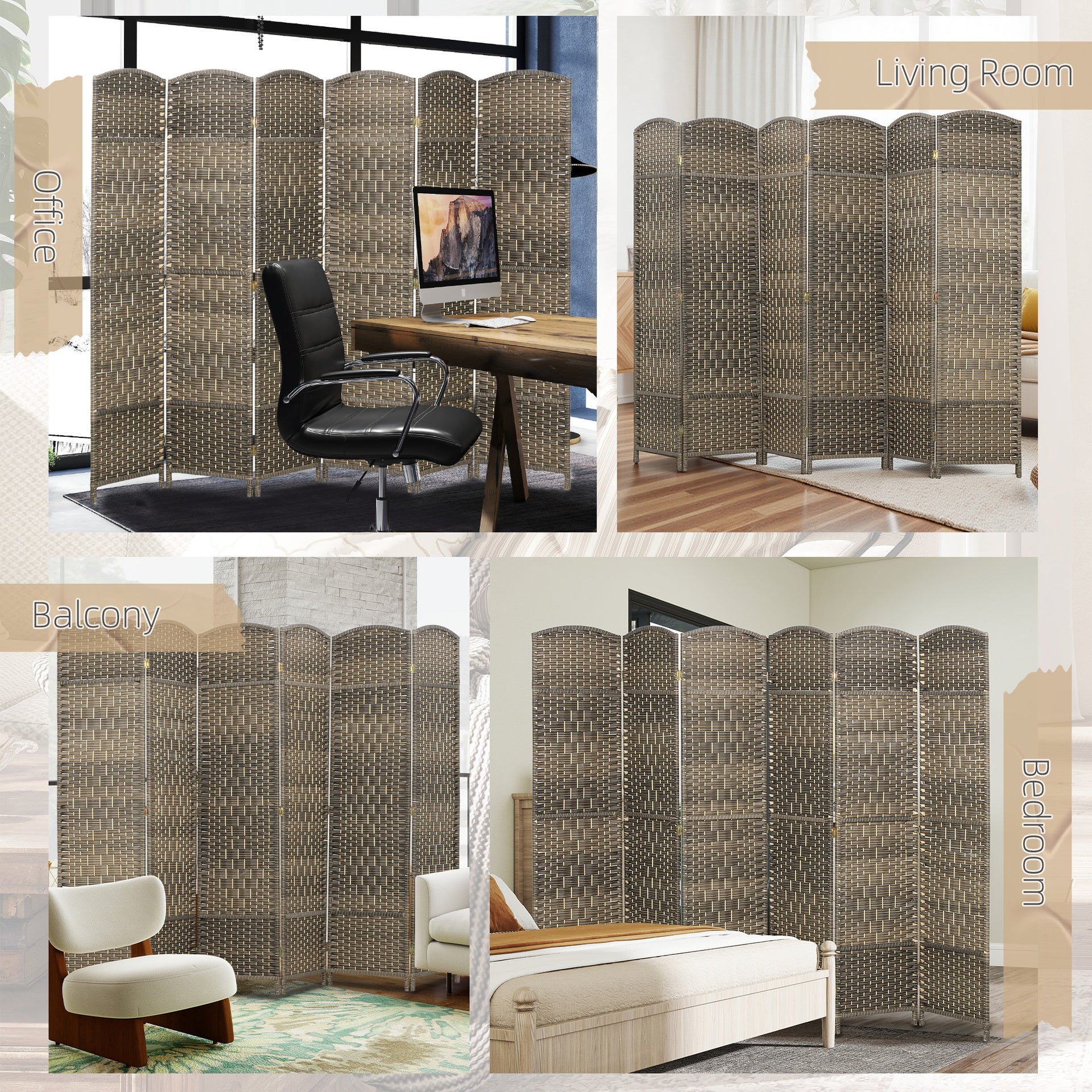 HOMCOM Folding Room Divider Screen 6 Panel 6' Tall Privacy Screen Freestanding Wood Partition for Home Office, Dark Rustic Oak