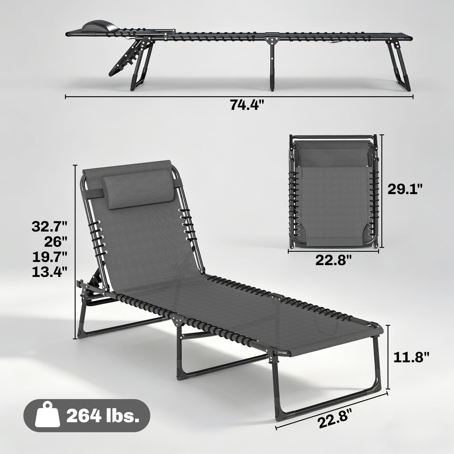 Outsunny 2 Folding Chaise Lounge Pool Chairs with 4-Position Reclining Back, Pillow, Breathable Mesh & Bungee Seat, Gray