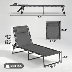 Outsunny 2 Folding Chaise Lounge Pool Chairs with 4-Position Reclining Back, Pillow, Breathable Mesh & Bungee Seat, Gray