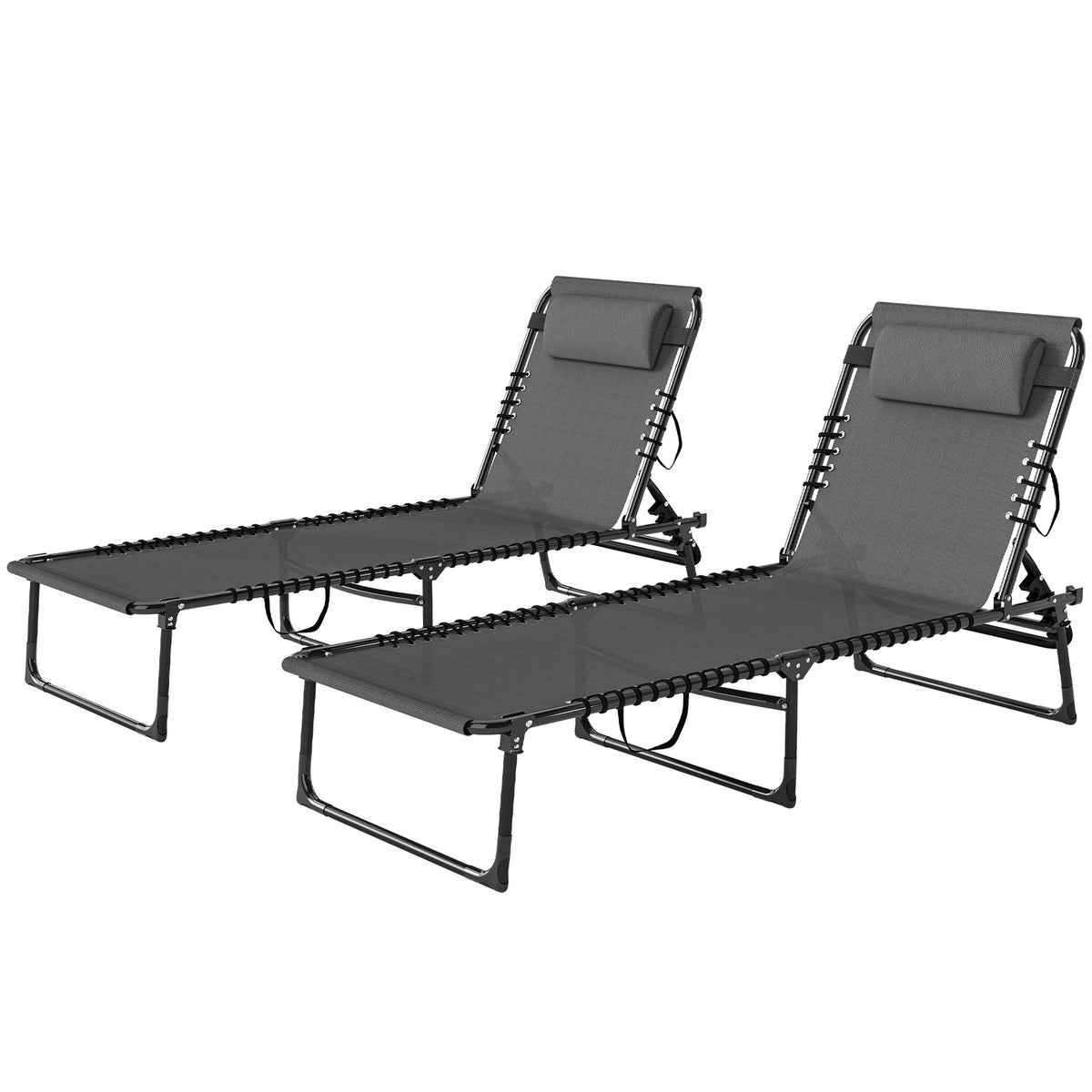Outsunny 2 Folding Chaise Lounge Pool Chairs with 4-Position Reclining Back, Pillow, Breathable Mesh & Bungee Seat, Gray