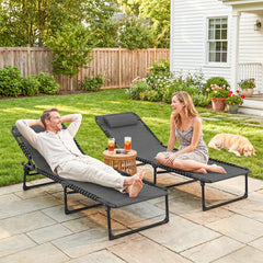 Outsunny 2 Folding Chaise Lounge Pool Chairs with 4-Position Reclining Back, Pillow, Breathable Mesh & Bungee Seat, Gray