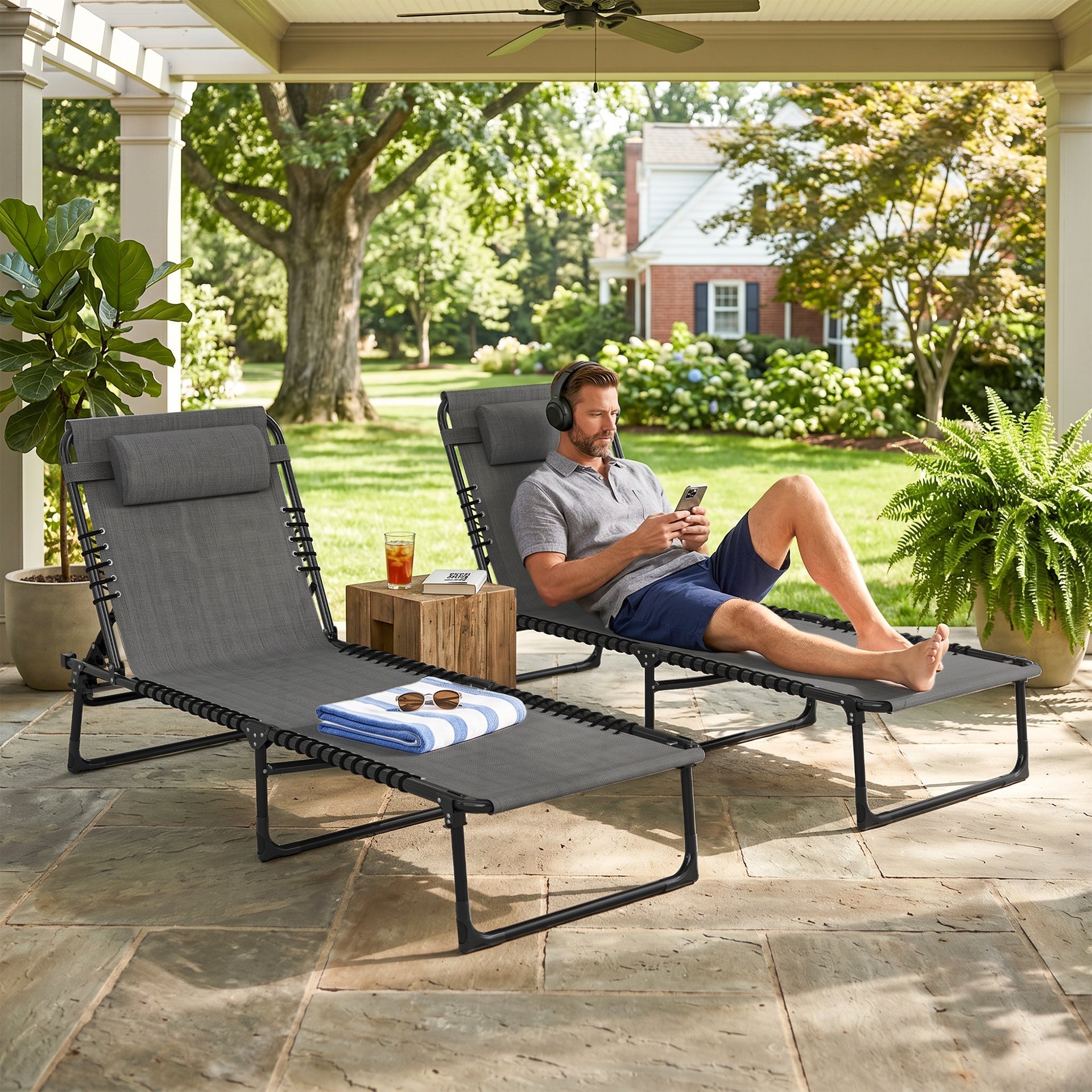 Outsunny 2 Folding Chaise Lounge Pool Chairs with 4-Position Reclining Back, Pillow, Breathable Mesh & Bungee Seat, Gray