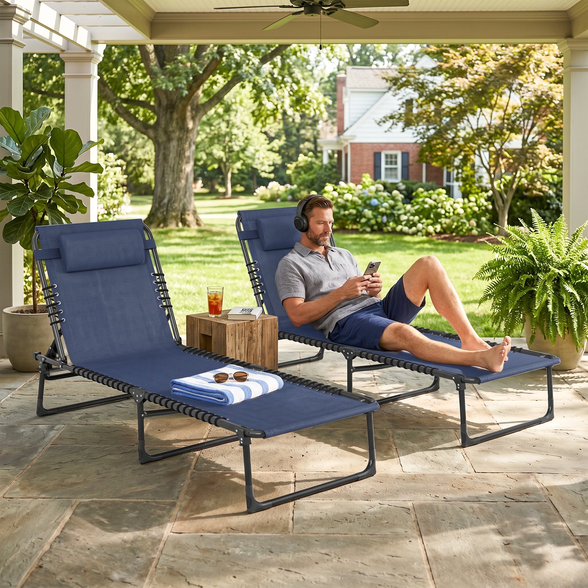Outsunny 2 Folding Chaise Lounge Pool Chairs with 4-Position Reclining Back, Pillow, Breathable Mesh & Bungee Seat, Dark Blue