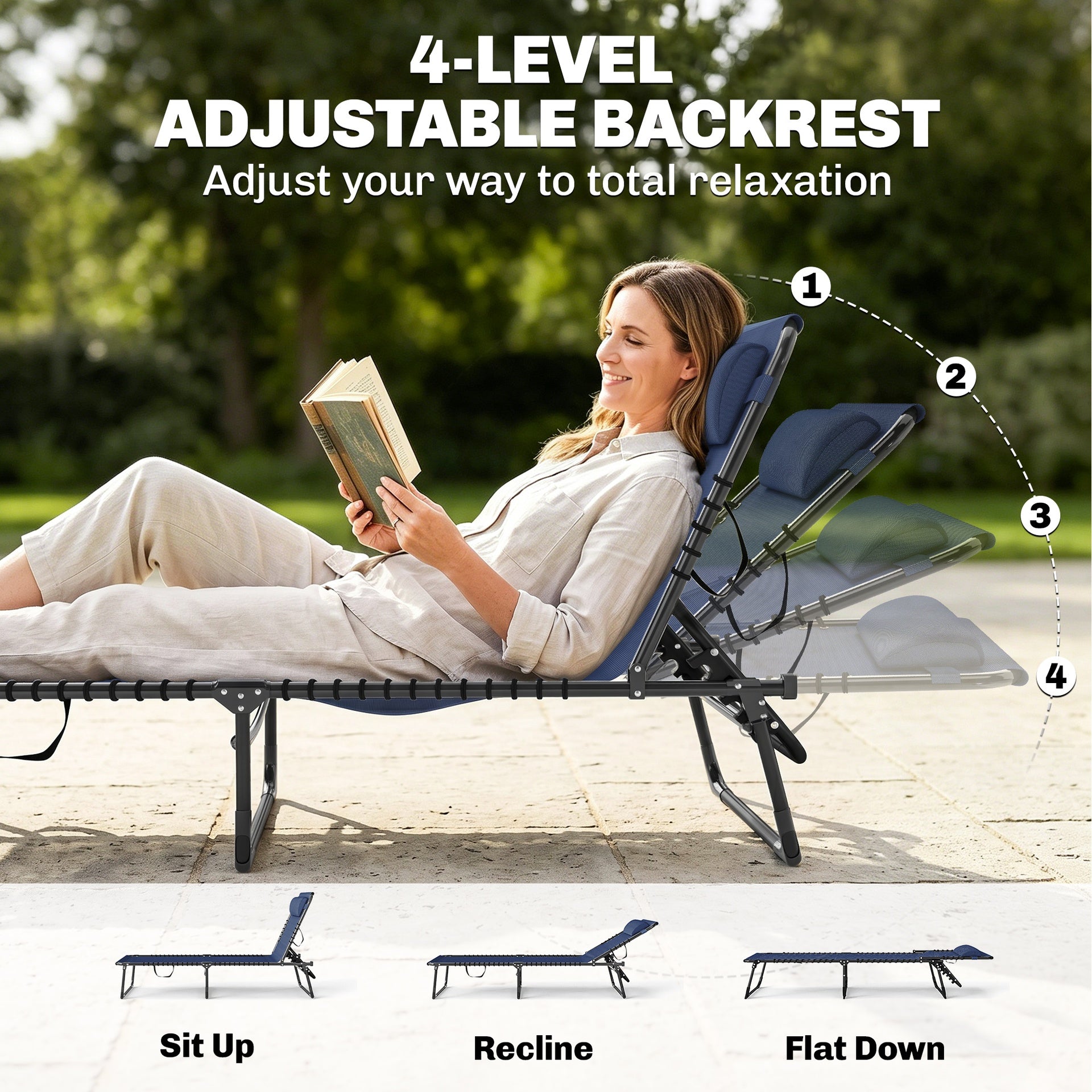 Outsunny 2 Folding Chaise Lounge Pool Chairs with 4-Position Reclining Back, Pillow, Breathable Mesh & Bungee Seat, Dark Blue