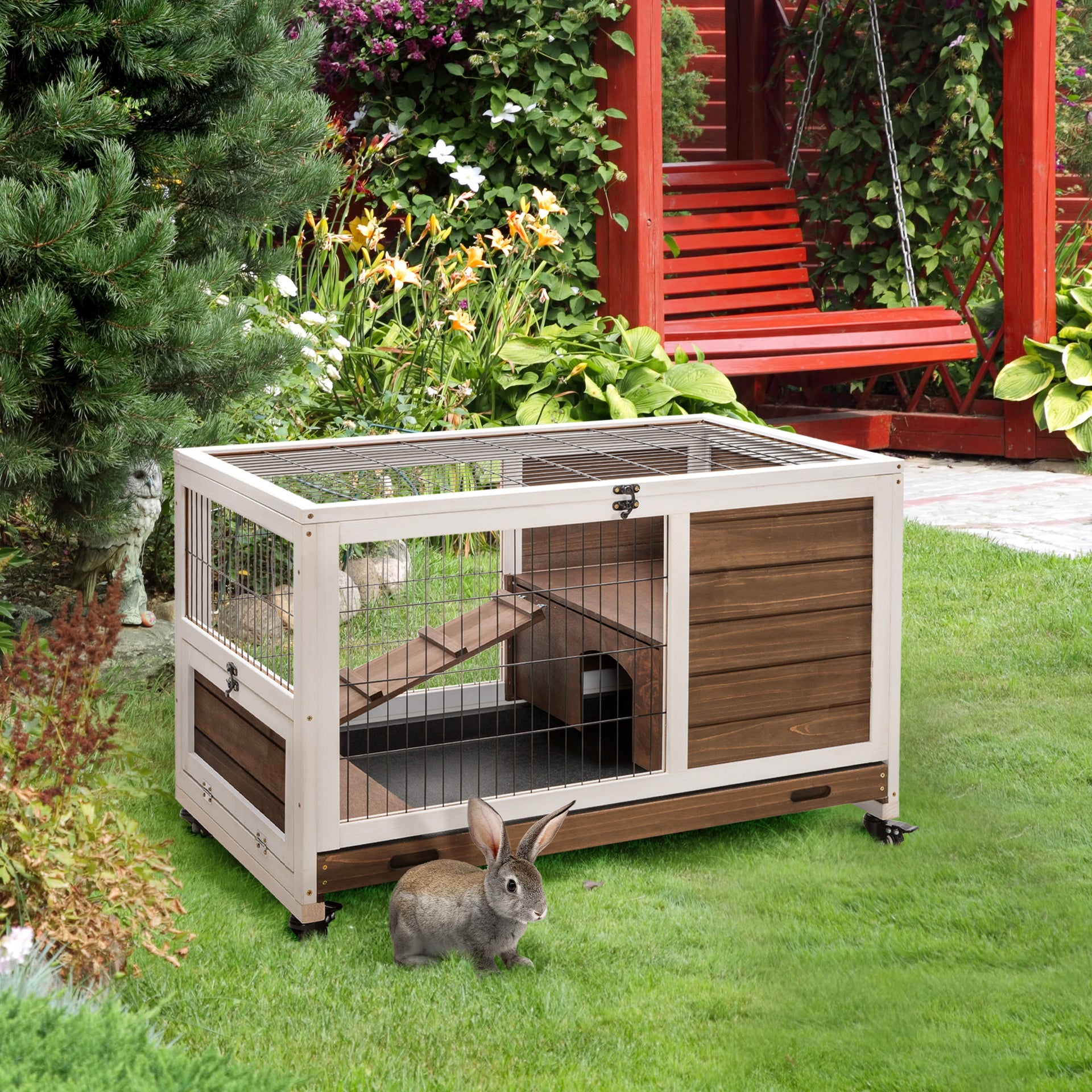 PawHut Indoor Rabbit Enclosure, on Wheels, Indoor Bunny Cage Small Animal House with Pull Out Tray Casters Ramp, 35.5" x 21" x 23", Brown