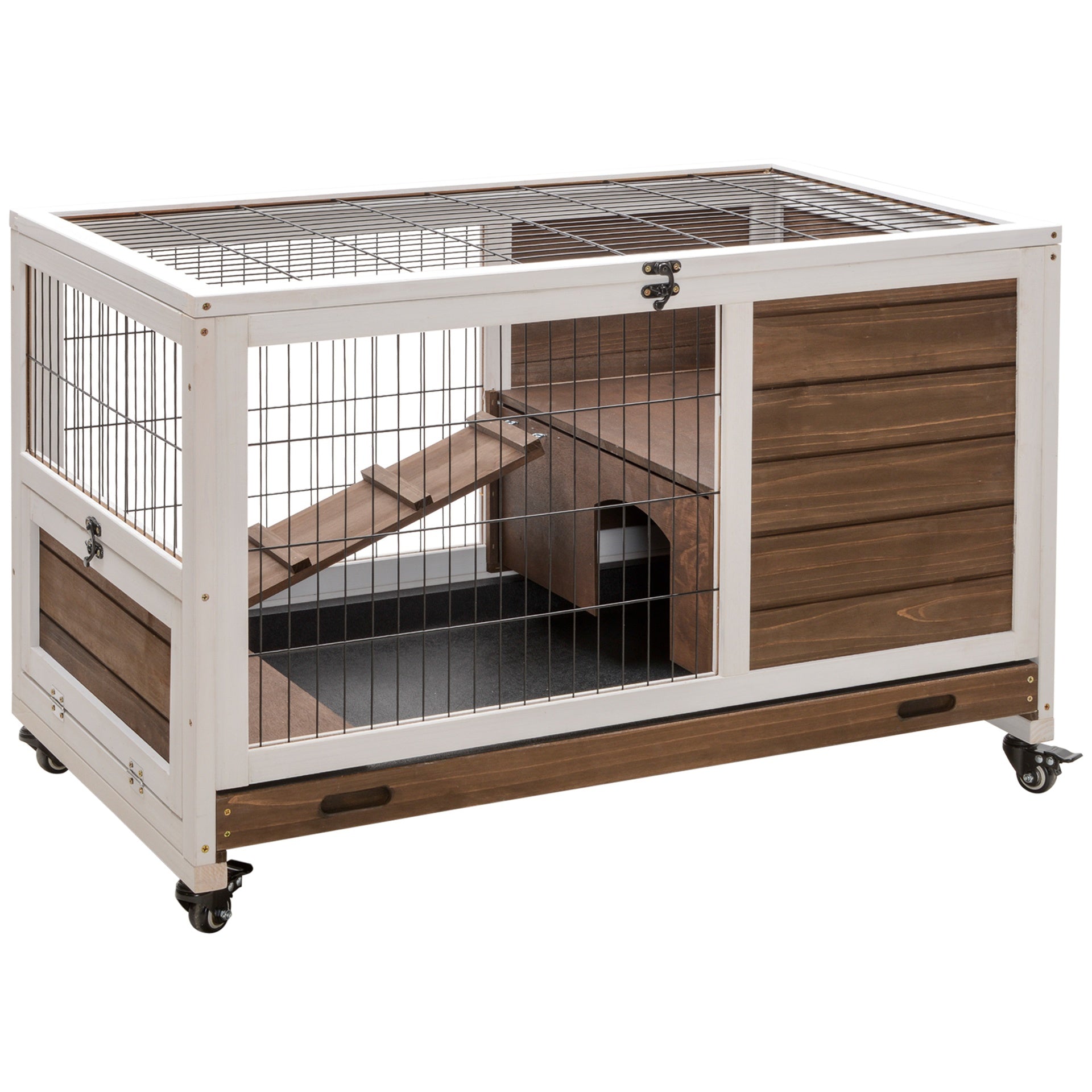 PawHut Indoor Rabbit Enclosure, on Wheels, Indoor Bunny Cage Small Animal House with Pull Out Tray Casters Ramp, 35.5" x 21" x 23", Brown