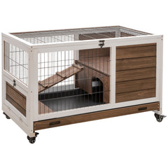 PawHut Indoor Rabbit Enclosure, on Wheels, Indoor Bunny Cage Small Animal House with Pull Out Tray Casters Ramp, 35.5" x 21" x 23", Brown