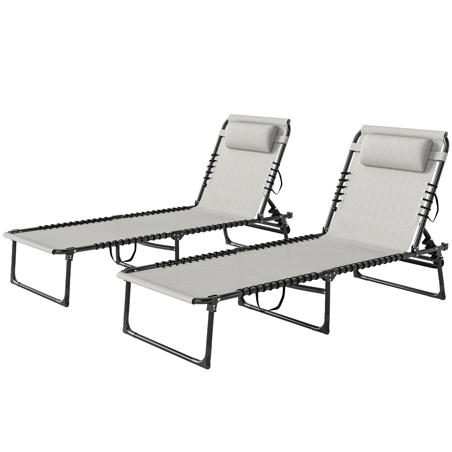 Outsunny 2 Folding Chaise Lounge Pool Chairs with 4-Position Reclining Back, Pillow, Breathable Mesh & Bungee Seat, Dark Blue
