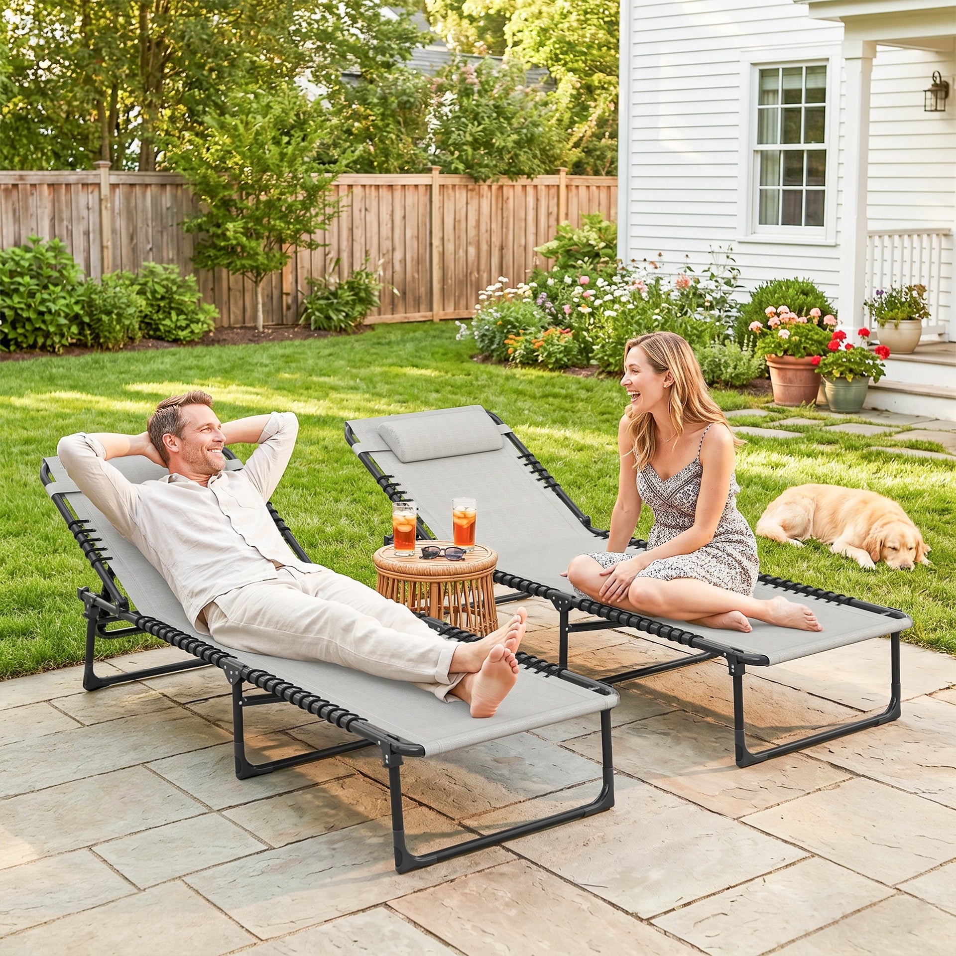 Outsunny 2 Folding Chaise Lounge Pool Chairs with 4-Position Reclining Back, Pillow, Breathable Mesh & Bungee Seat, Dark Blue