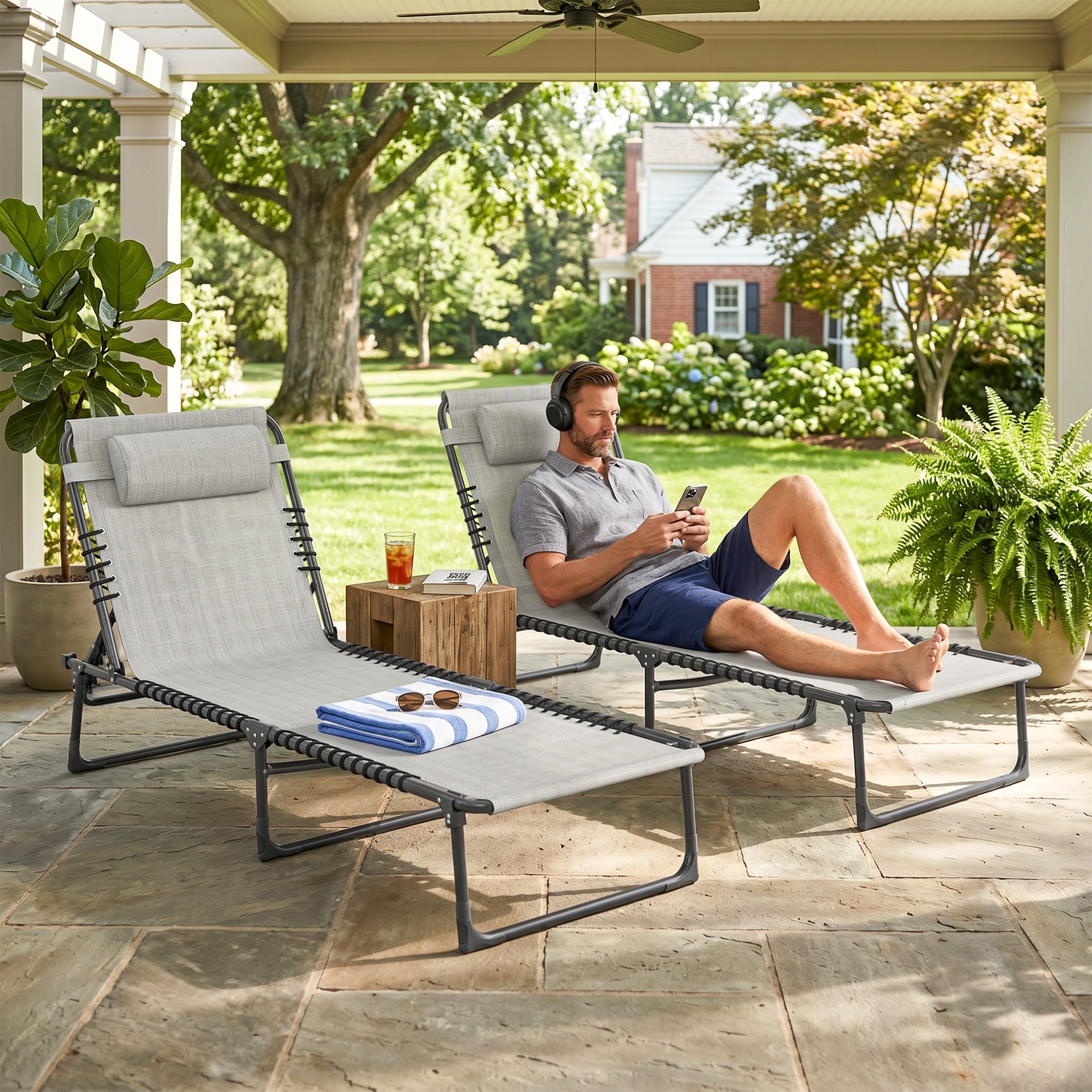 Outsunny 2 Folding Chaise Lounge Pool Chairs with 4-Position Reclining Back, Pillow, Breathable Mesh & Bungee Seat, Dark Blue