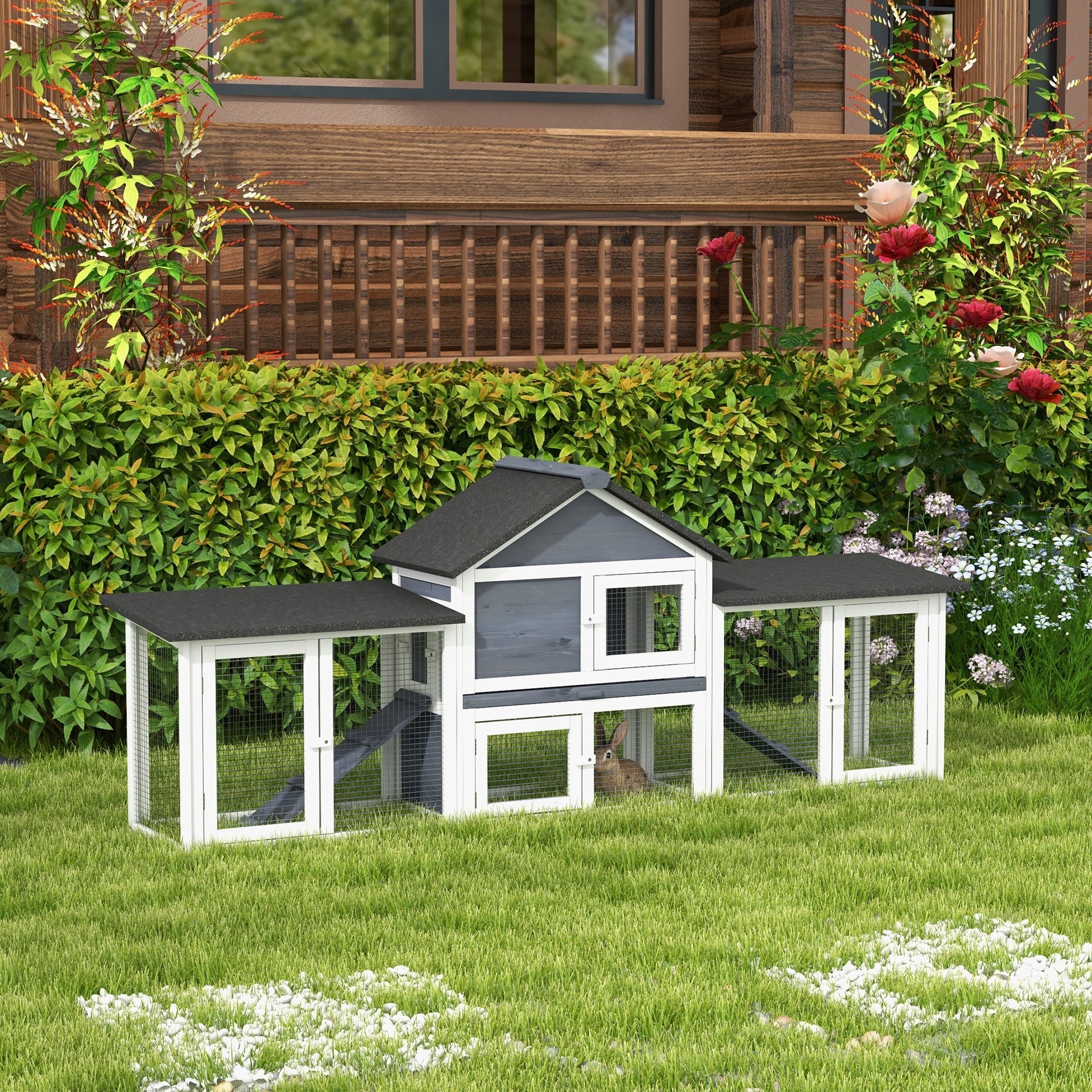 PawHut Outdoor Rabbit House 83" 2 Story Deluxe XL Wooden Rabbit Hutch, Big Bunny Cage w/ Ladder and Run, Dark Gray