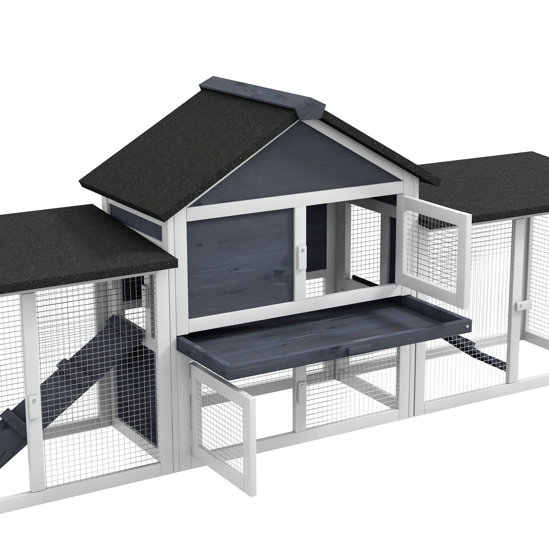 PawHut Outdoor Rabbit House 83" 2 Story Deluxe XL Wooden Rabbit Hutch, Big Bunny Cage w/ Ladder and Run, Dark Gray