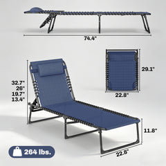 Outsunny Folding Chaise Lounge Pool Chair with 4-Position Reclining Back, Pillow, Breathable Mesh & Bungee Seat, Dark Blue
