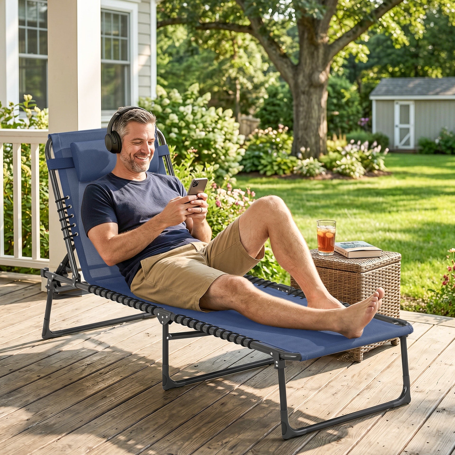 Outsunny Folding Chaise Lounge Pool Chair with 4-Position Reclining Back, Pillow, Breathable Mesh & Bungee Seat, Dark Blue