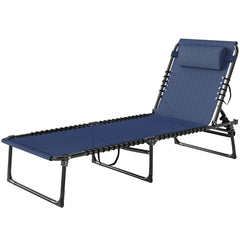 Outsunny Folding Chaise Lounge Pool Chair with 4-Position Reclining Back, Pillow, Breathable Mesh & Bungee Seat, Dark Blue