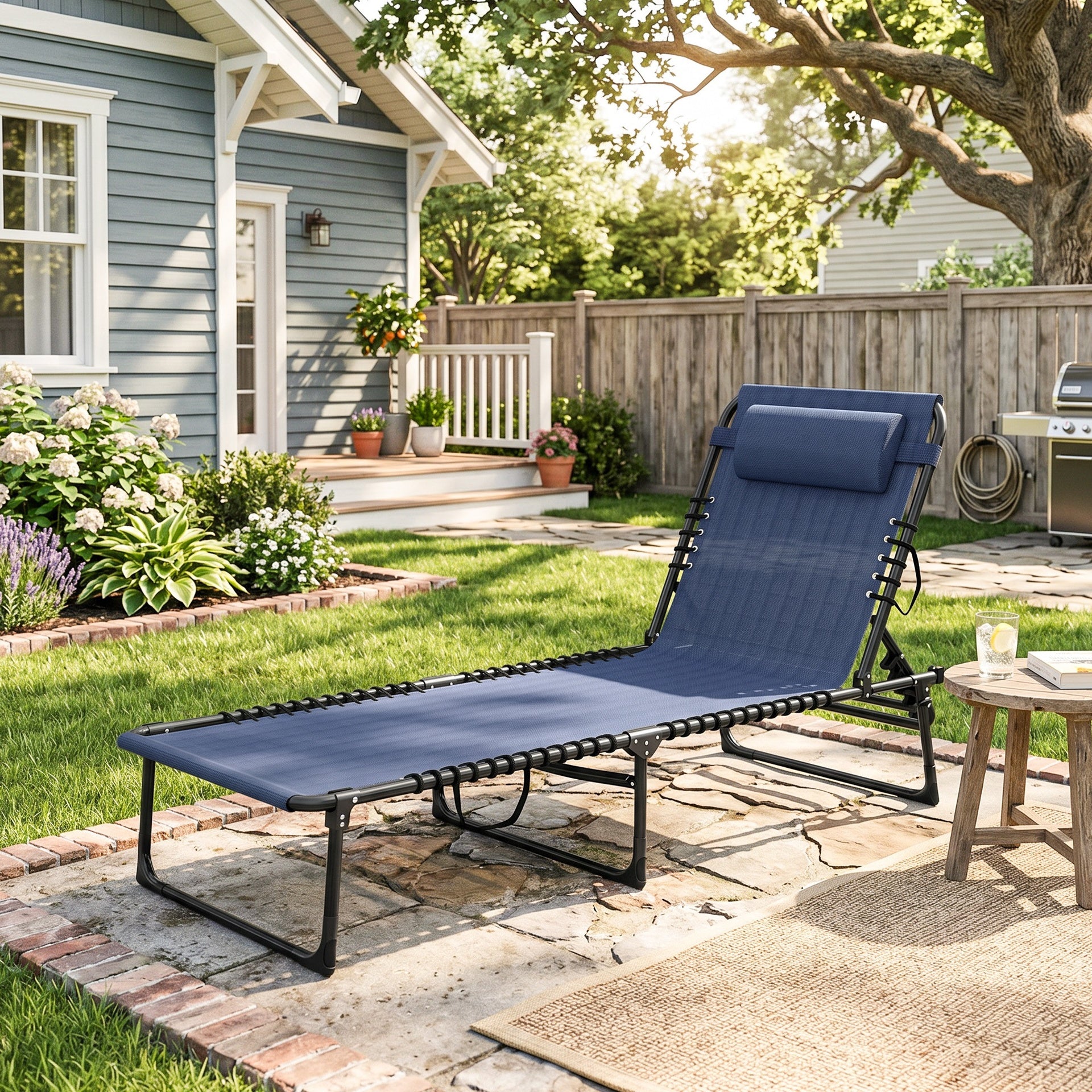 Outsunny Folding Chaise Lounge Pool Chair with 4-Position Reclining Back, Pillow, Breathable Mesh & Bungee Seat, Dark Blue