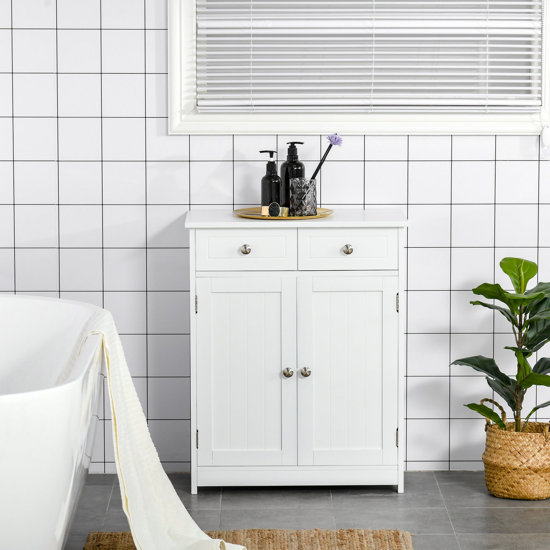 Kleankin Freestanding Bathroom Floor Cabinet, Wooden Bathroom Cabinet with 2 Doors, 2 Drawers and Adjustable Shelf, White