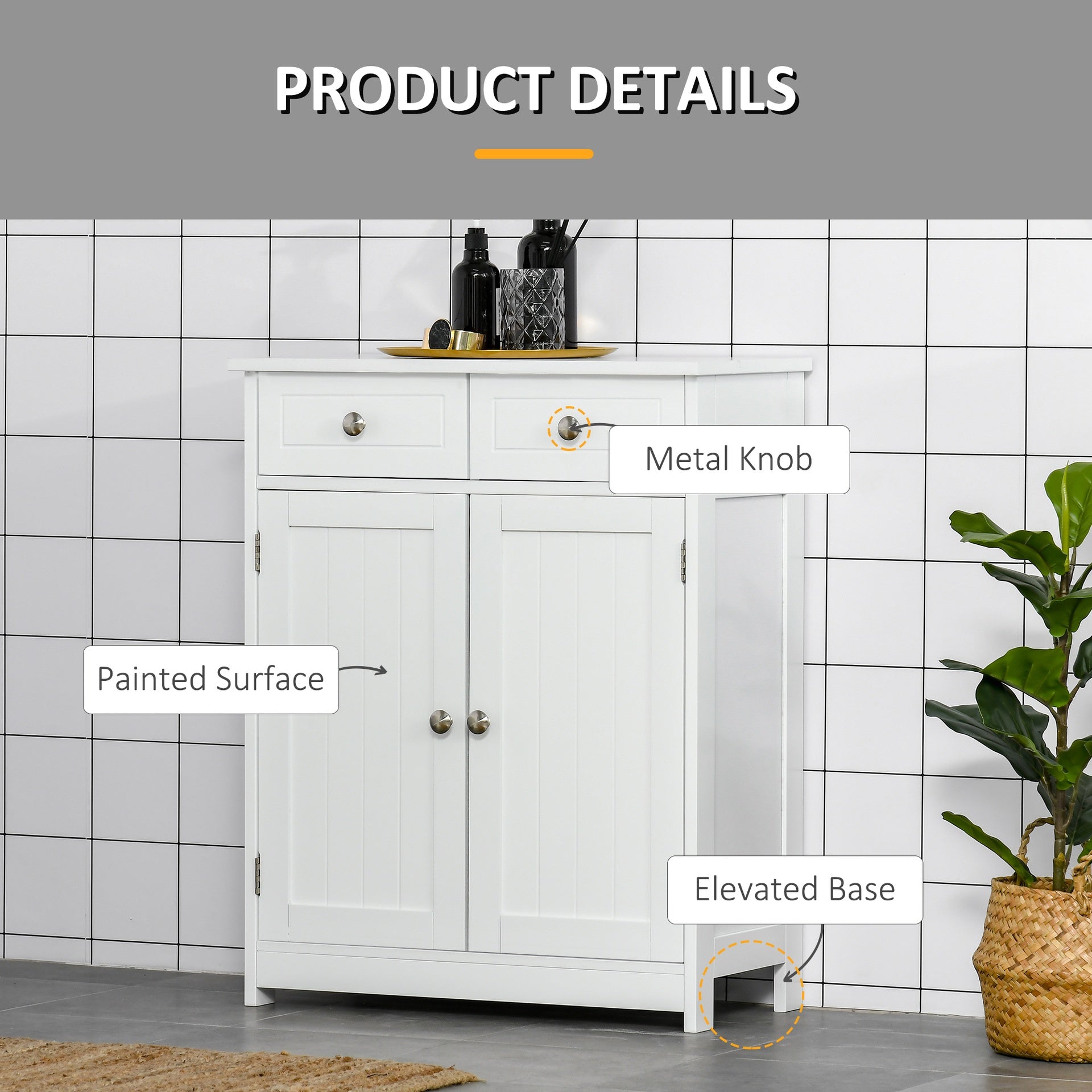 Kleankin Freestanding Bathroom Floor Cabinet, Wooden Bathroom Cabinet with 2 Doors, 2 Drawers and Adjustable Shelf, White
