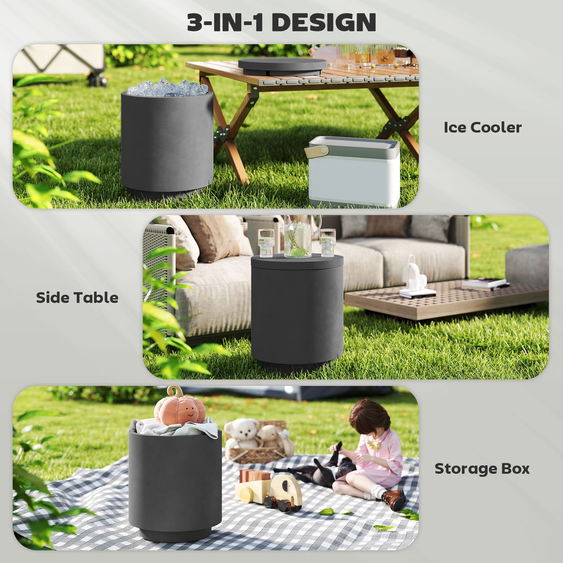HOMCOM 2.6 Gal Outdoor Side Table, 3-In-1 Concrete Cooler Bar Table with Storage, Removable Ice Bucket and Lid, Charcoal Gray