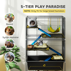 PawHut 59" 5-Level Small Animal Cage, Rolling Ferret Cage with 6.3" Deep Tray, Non-Slip Cloth Covered Ramps, Hammock, Dark Gray