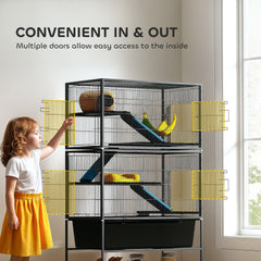 PawHut 59" 5-Level Small Animal Cage, Rolling Ferret Cage with 6.3" Deep Tray, Non-Slip Cloth Covered Ramps, Hammock, Dark Gray