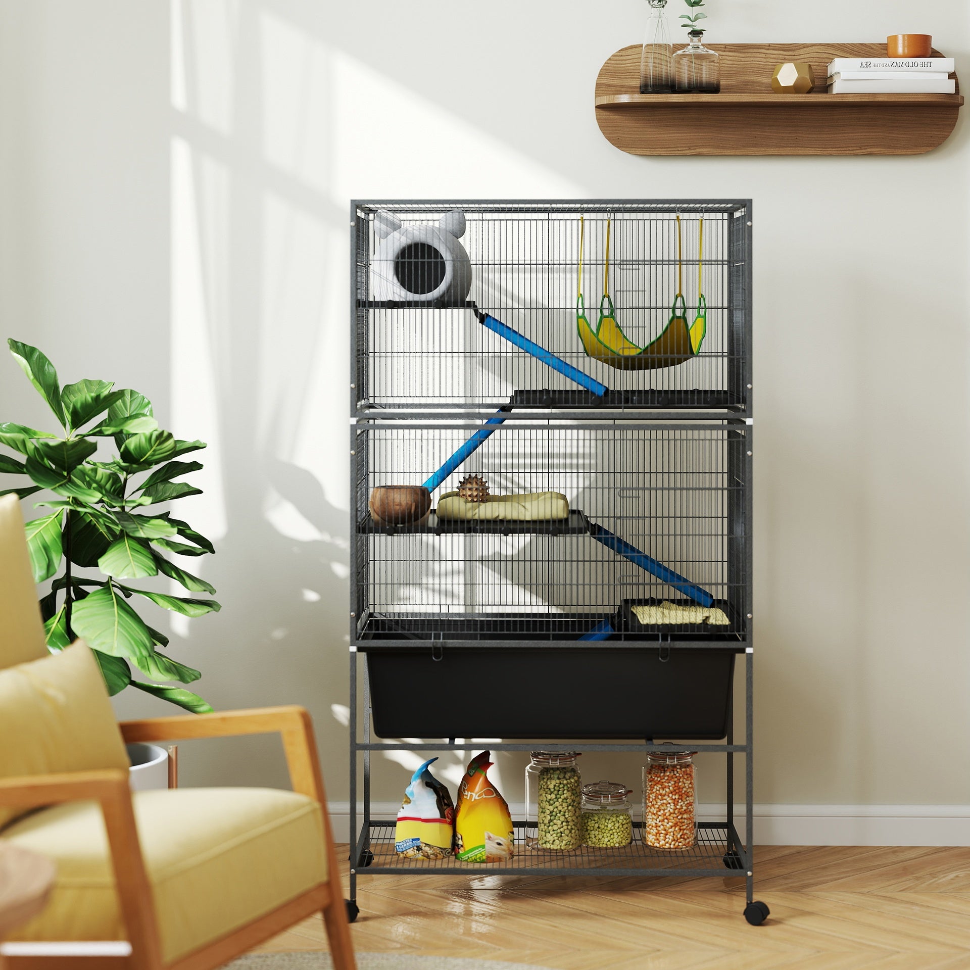 PawHut 59" 5-Level Small Animal Cage, Rolling Ferret Cage with 6.3" Deep Tray, Non-Slip Cloth Covered Ramps, Hammock, Dark Gray