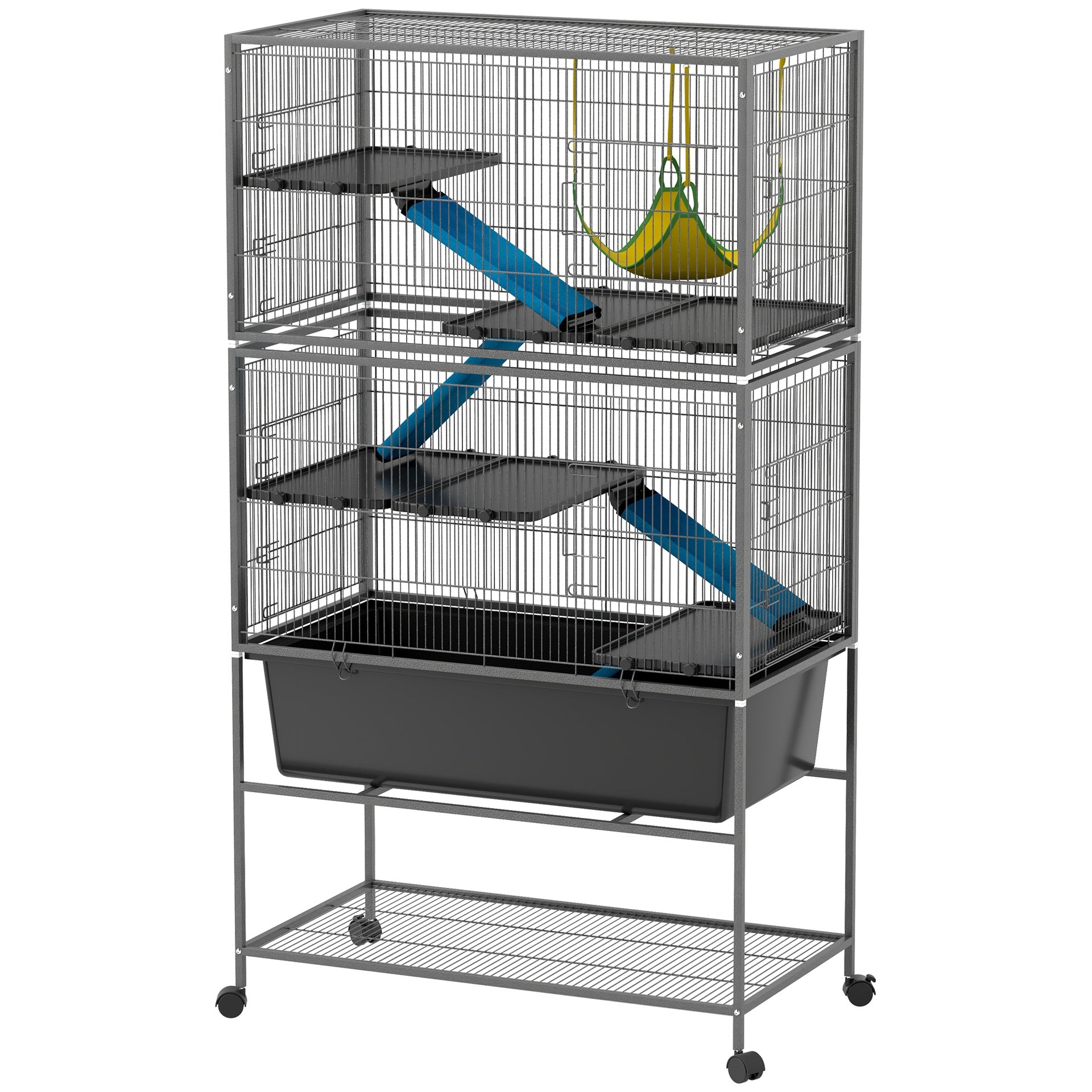 PawHut 59" 5-Level Small Animal Cage, Rolling Ferret Cage with 6.3" Deep Tray, Non-Slip Cloth Covered Ramps, Hammock, Dark Gray
