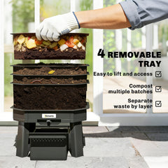 Outsunny 4-Tray Worm Composter Bin, 7.4 Gal Outdoor & Indoor Worm Composter for Recycling Food Waste, Black