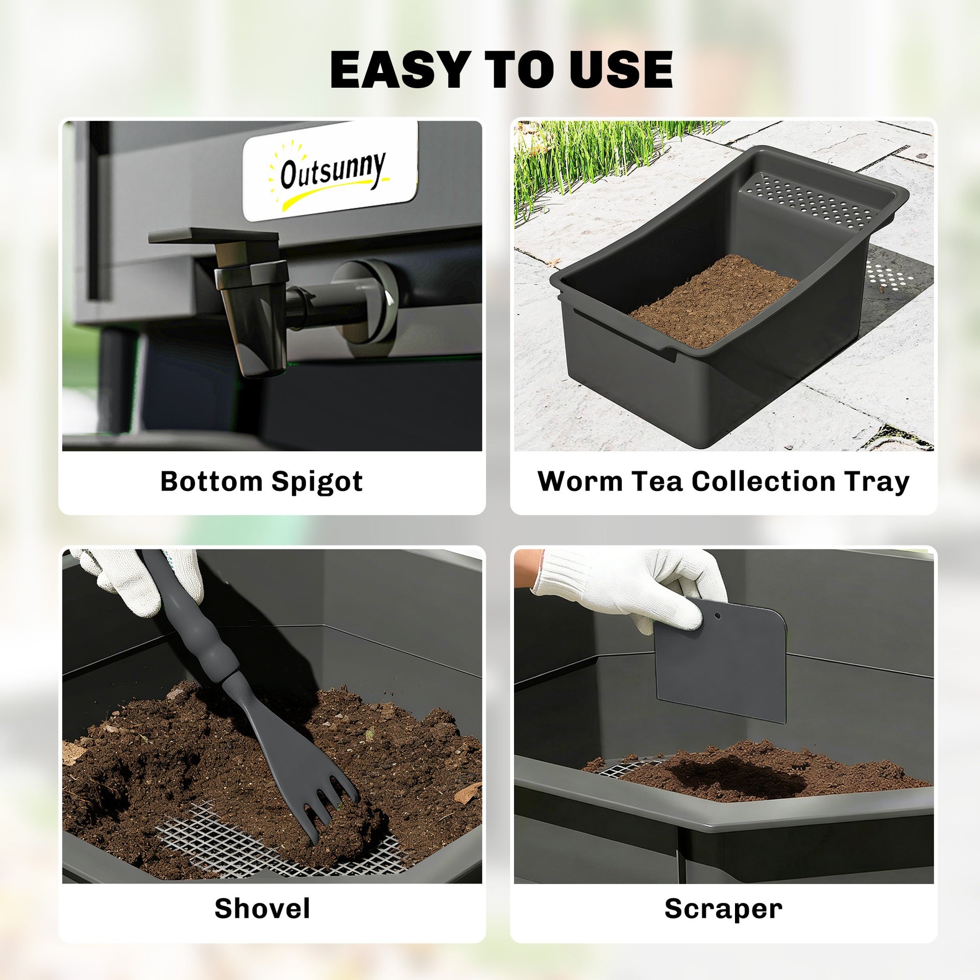 Outsunny 4-Tray Worm Composter Bin, 7.4 Gal Outdoor & Indoor Worm Composter for Recycling Food Waste, Black
