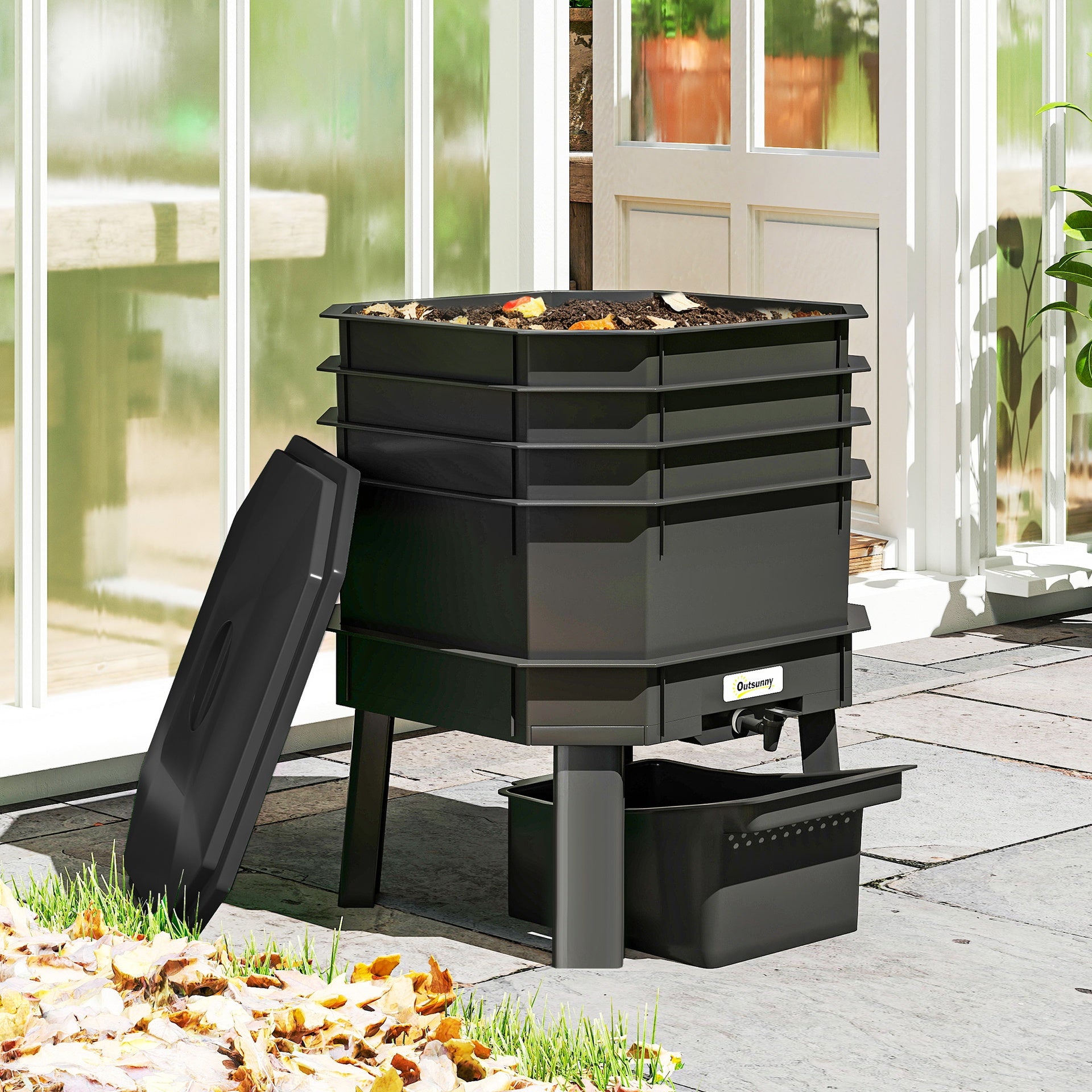 Outsunny 4-Tray Worm Composter Bin, 7.4 Gal Outdoor & Indoor Worm Composter for Recycling Food Waste, Black